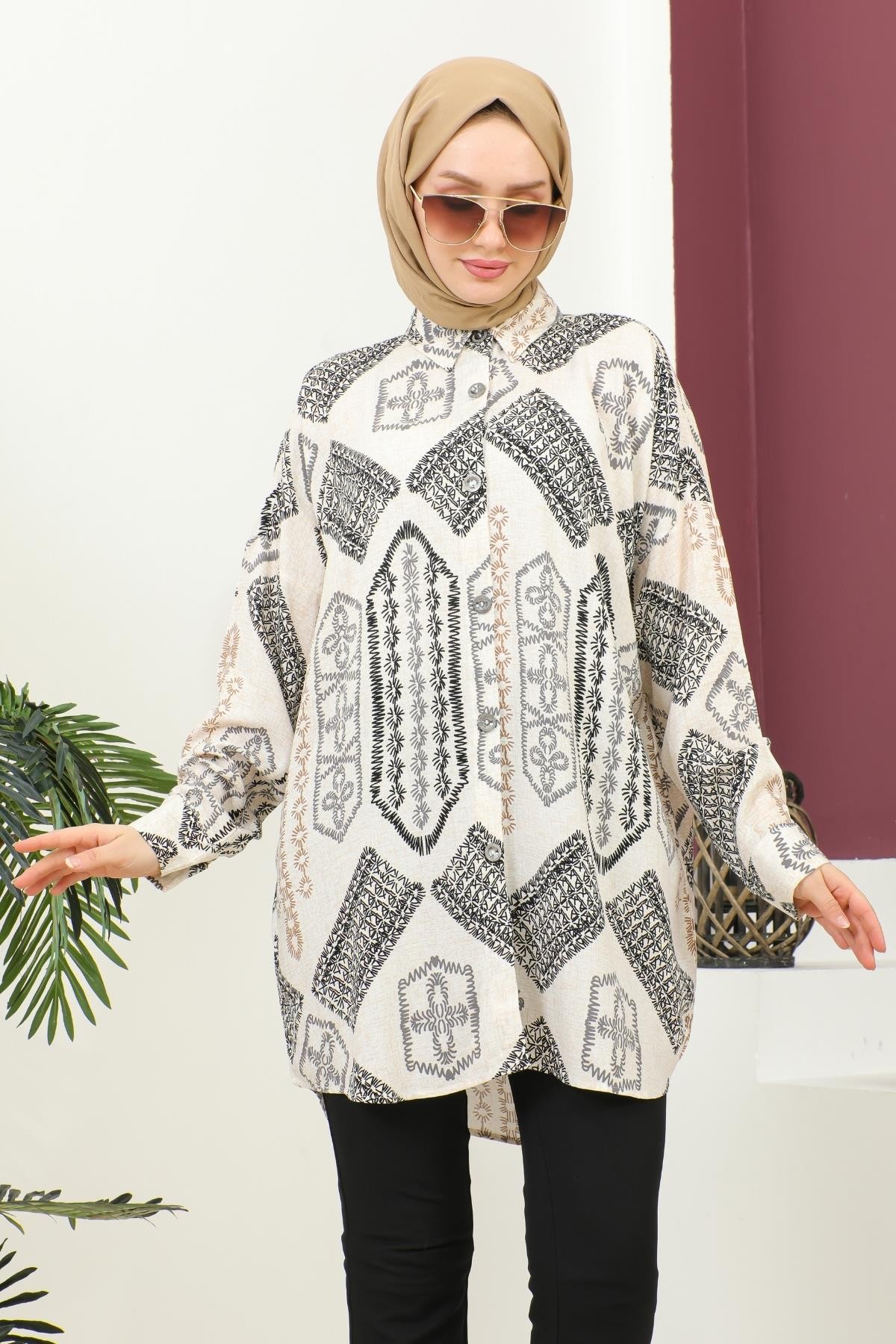 Oversize Otantik Kilim Desenli  Kadın Gömlek