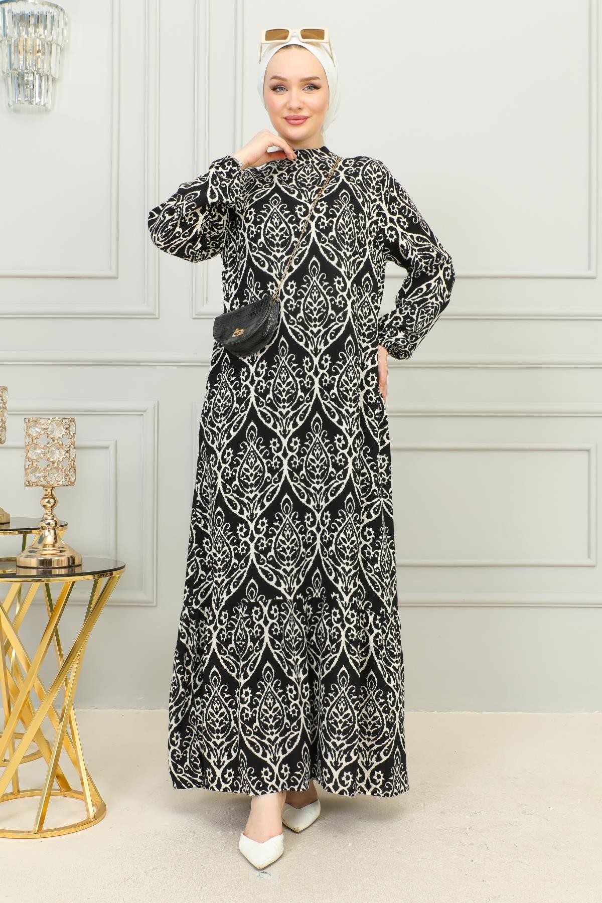 Hakim Yaka Damask Desenli Elbise