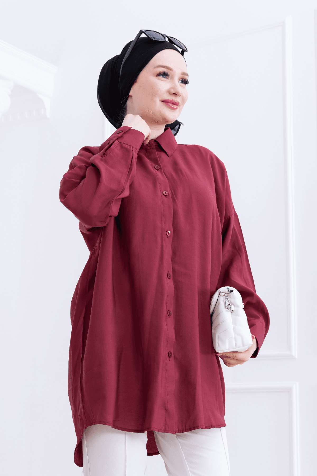 Oversize Modal Kumaş Bordo Gömlek