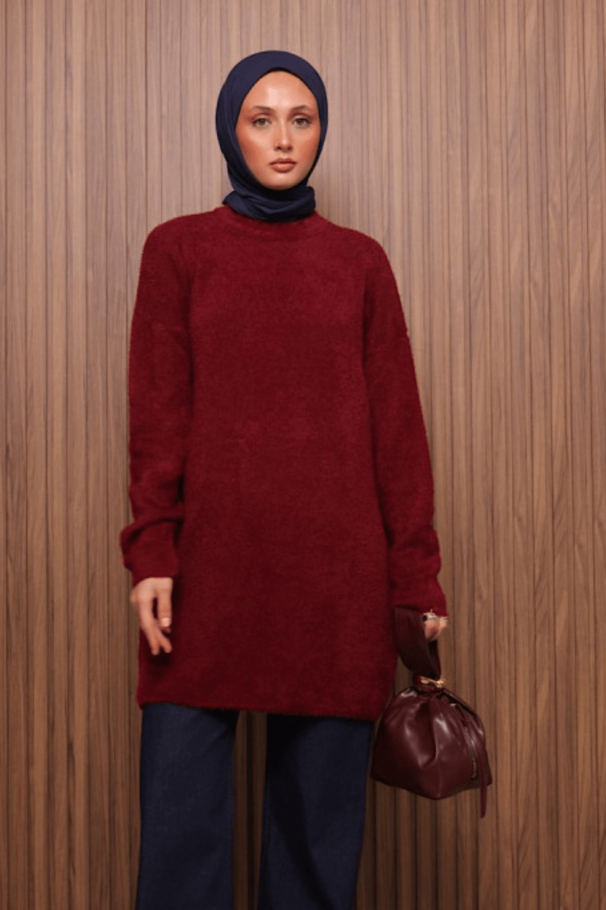 Bisiklet Yaka Angora Tunik - Bordo