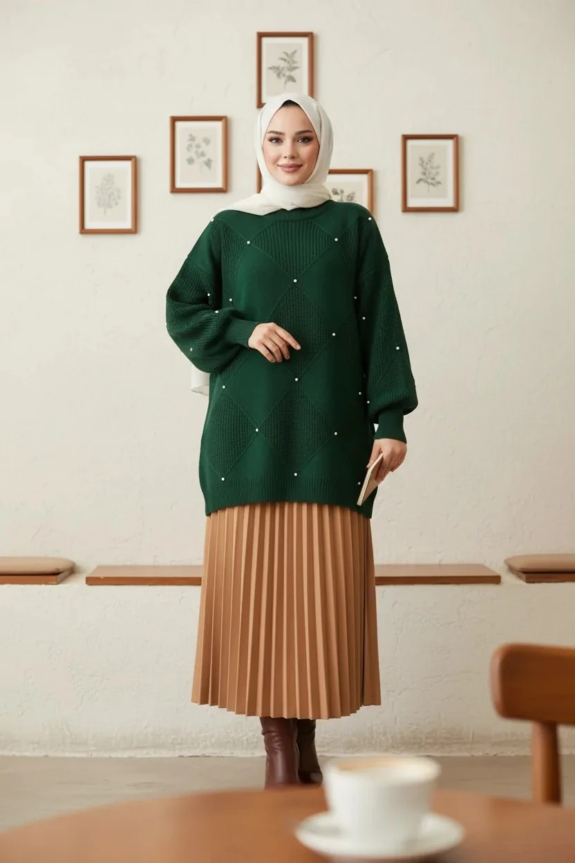 Baklava Desen Taş Detaylı Triko Tunik - Zümrüt Yeşili