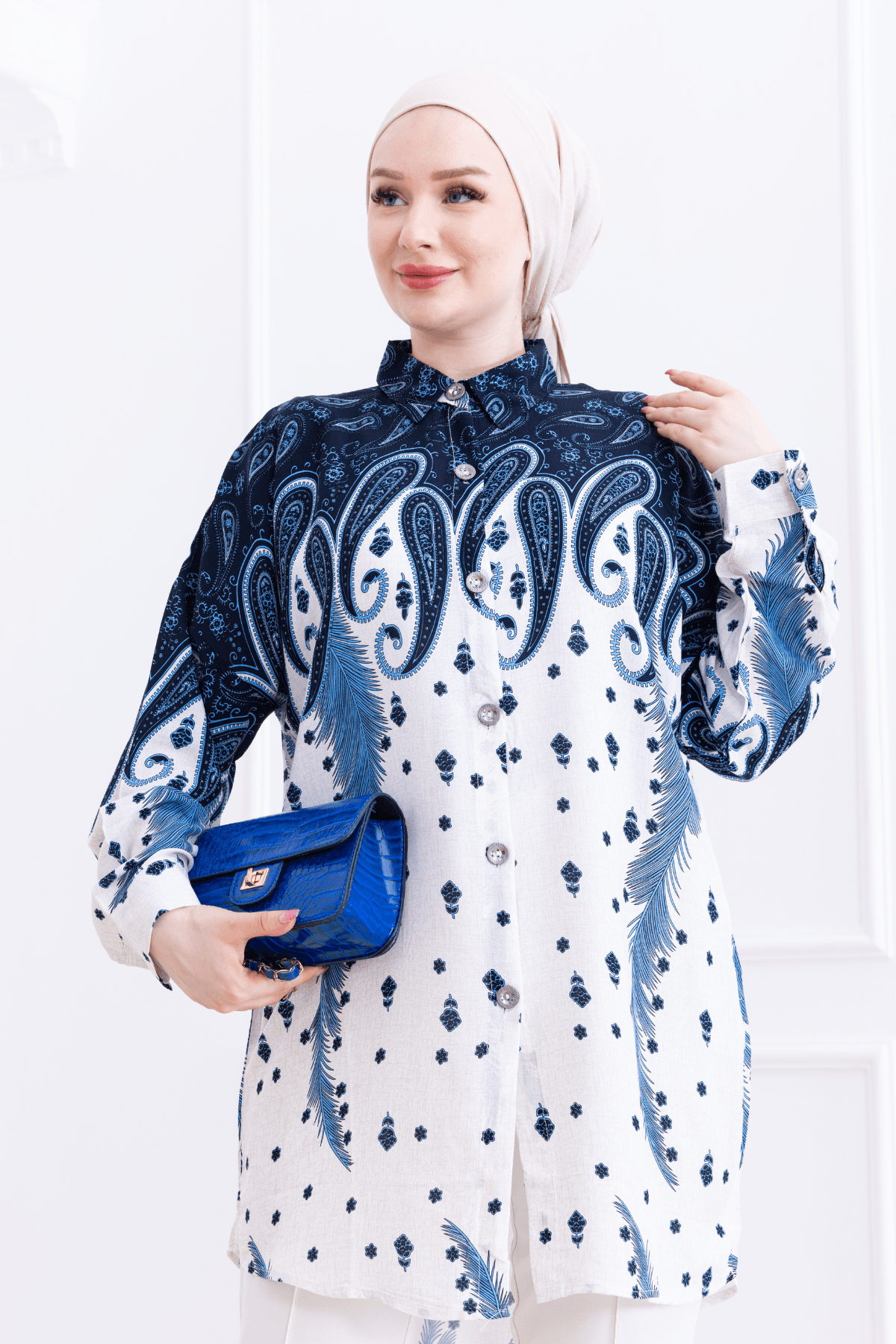 Oversize Kuş Tüyü Desenli Gömlek