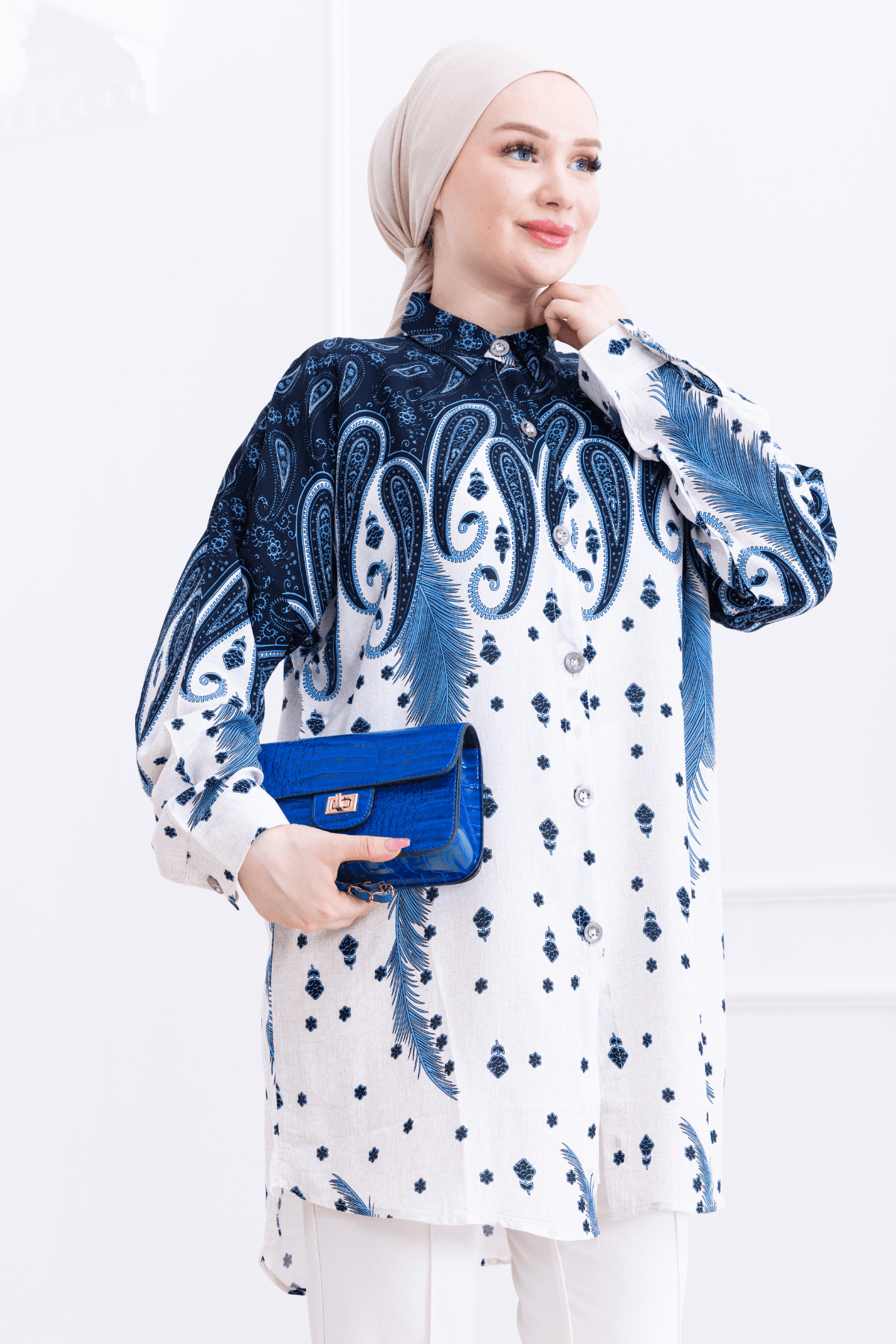 Oversize Kuş Tüyü Desenli Gömlek