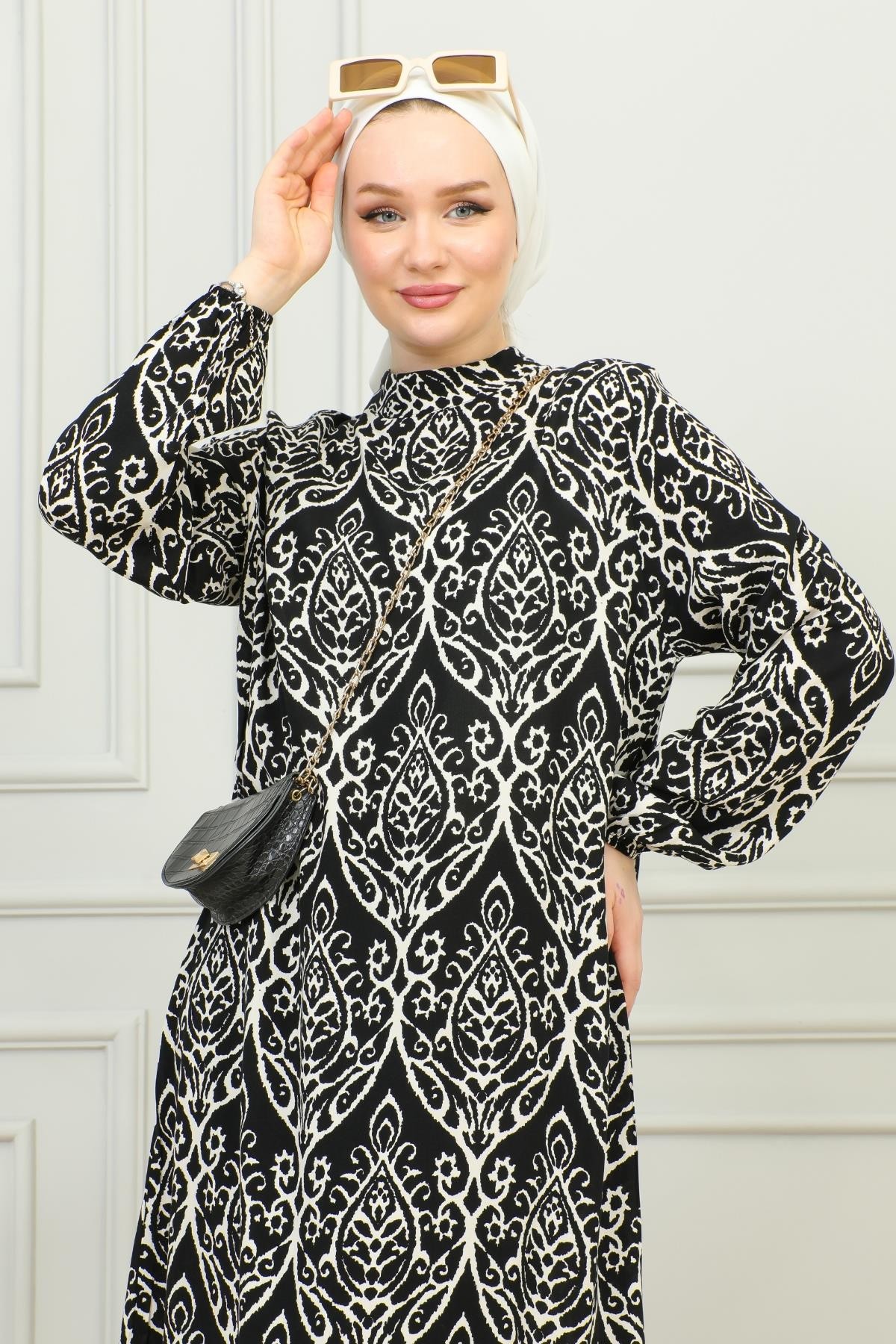 Hakim Yaka Damask Desenli Elbise