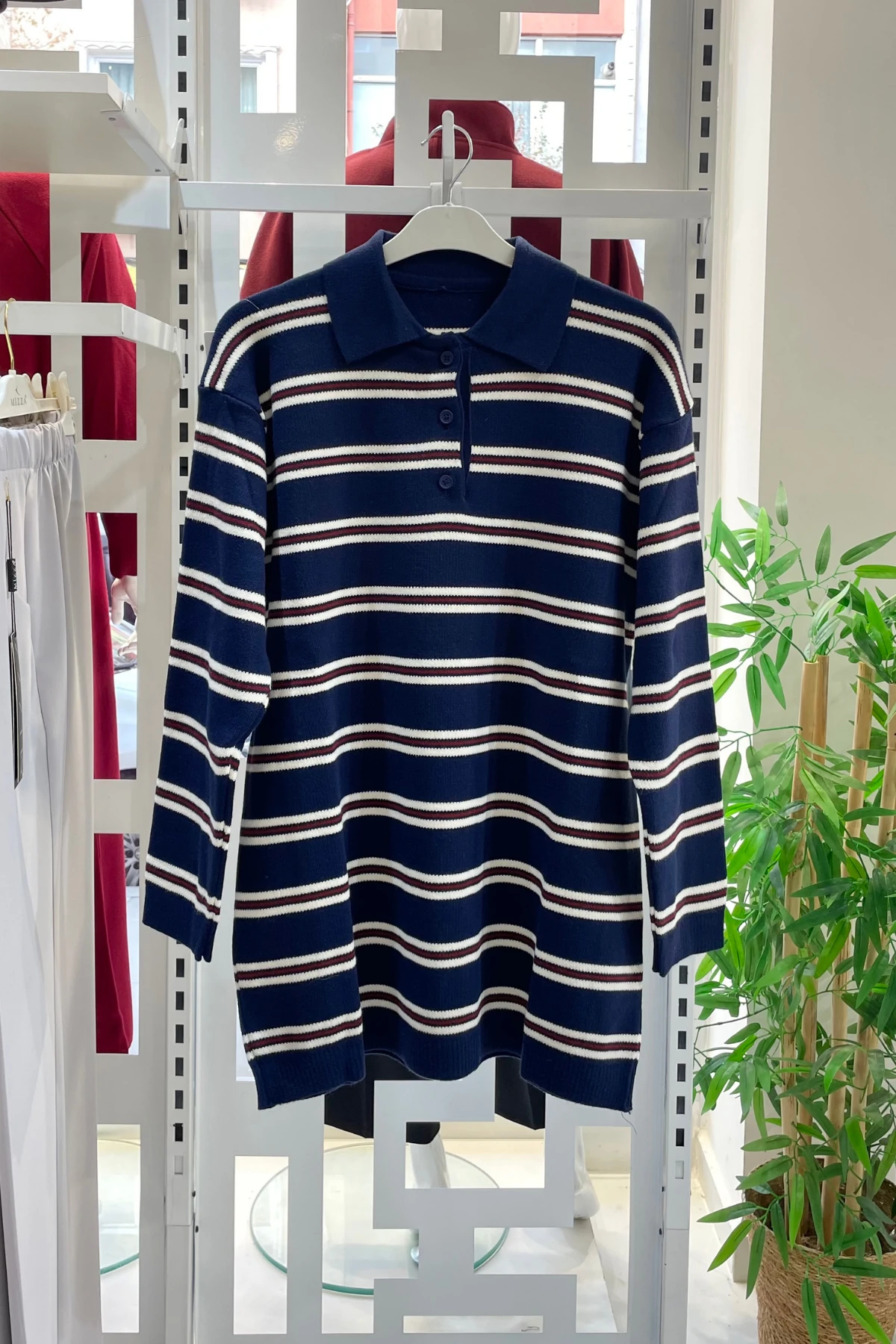 Polo Yaka Çizgili Triko Kazak - Lacivert