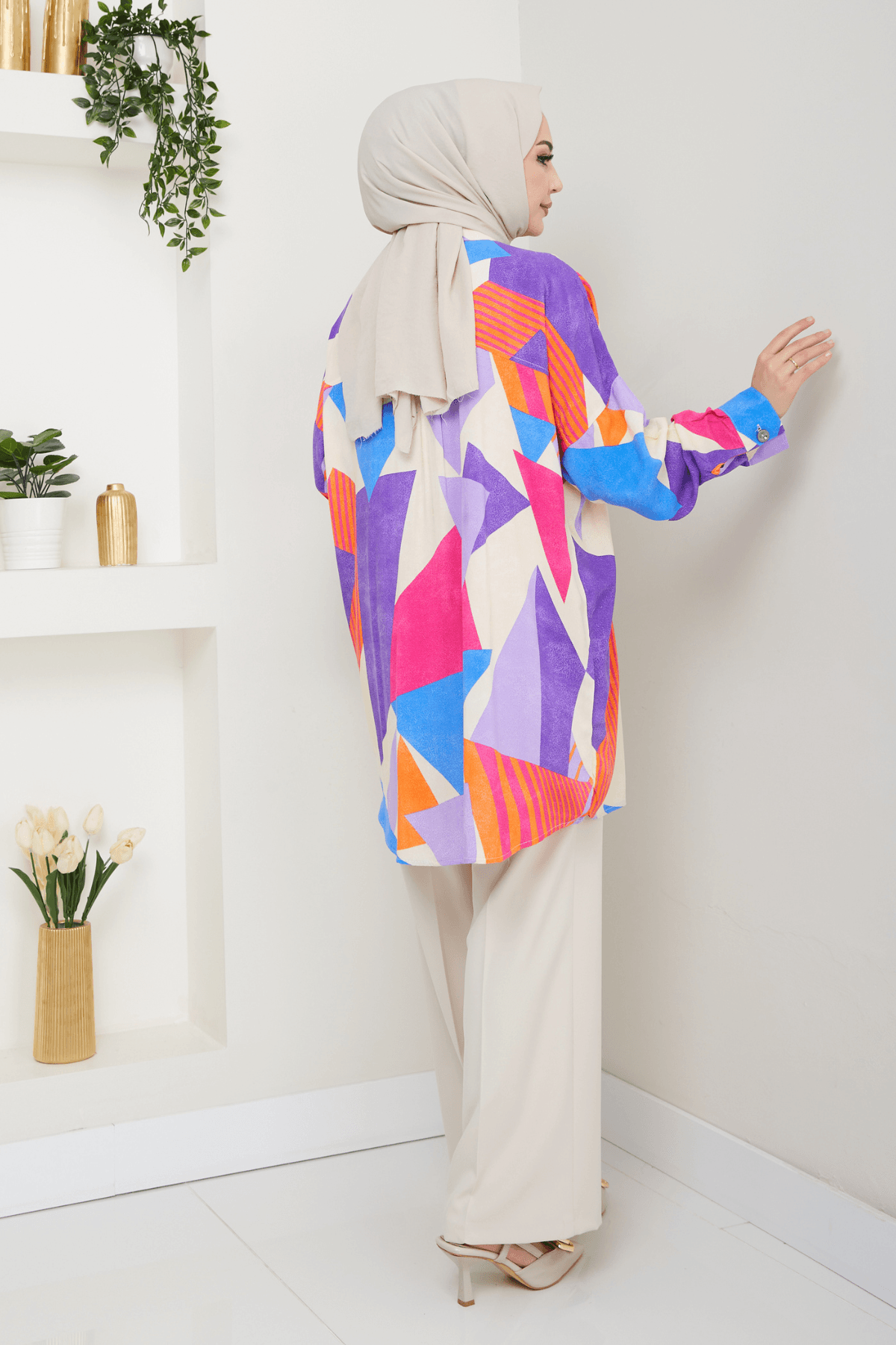 Oversize Geometrik Desenli  Kadın Gömlek