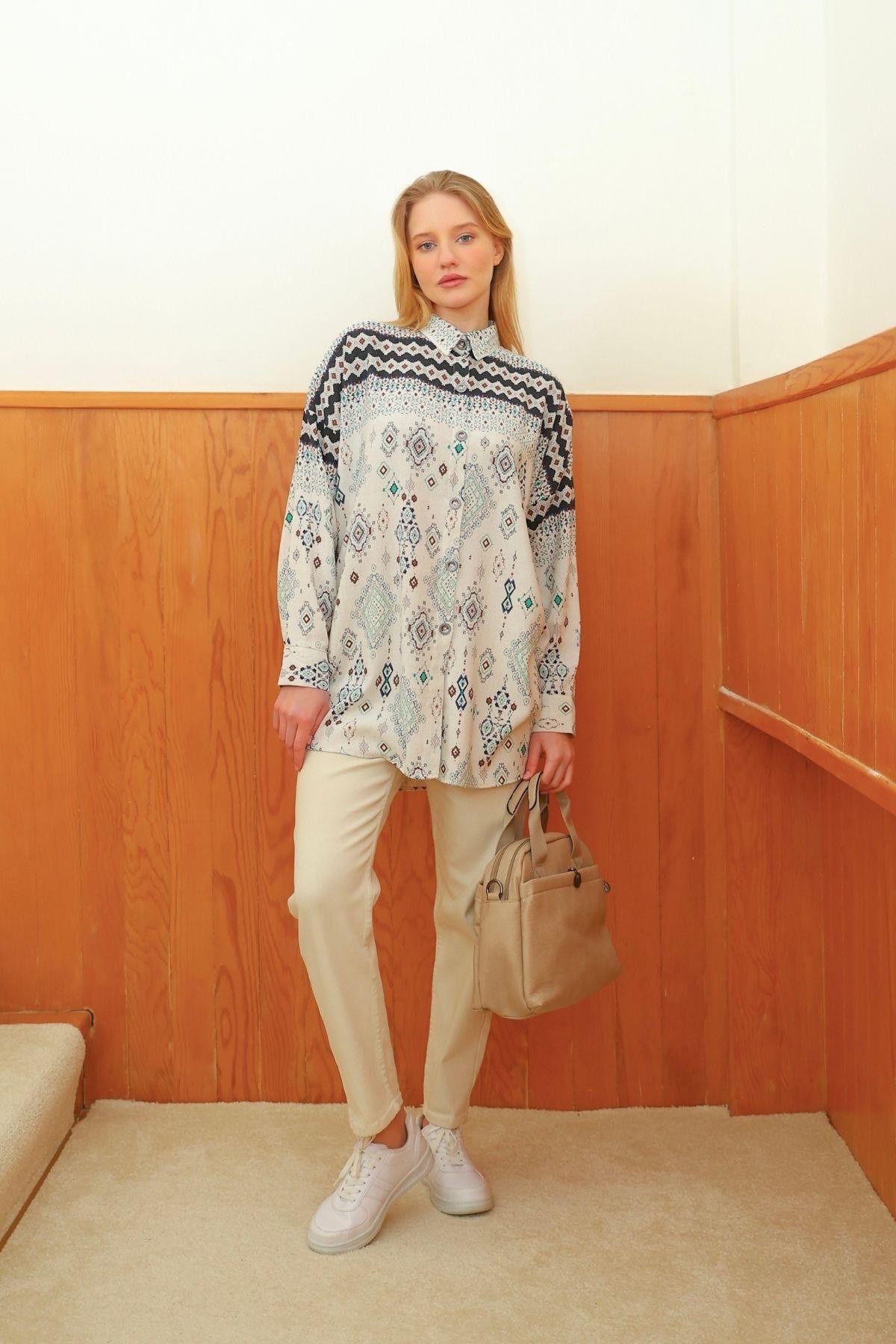 Kilim Desen Keten  Oversize Kadın Gömlek