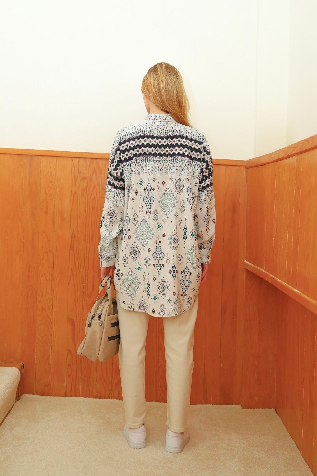 Kilim Desen Keten  Oversize Kadın Gömlek