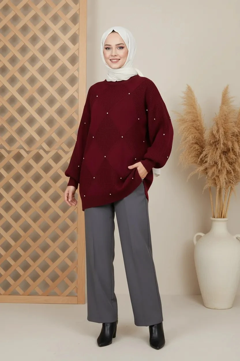 Baklava Desen Taş Detaylı Triko Tunik - Bordo