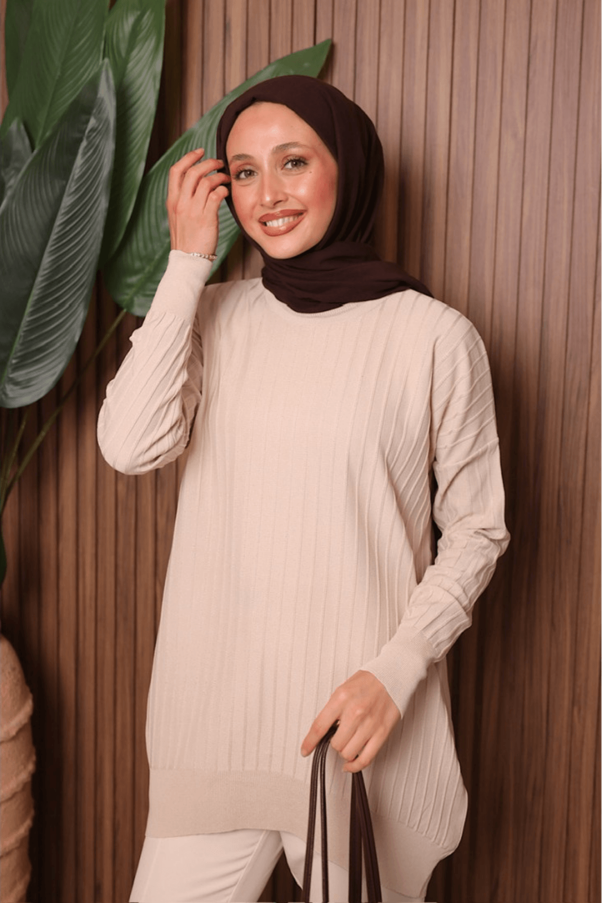 Soğuk İplik Çizgili Tunik - Bej