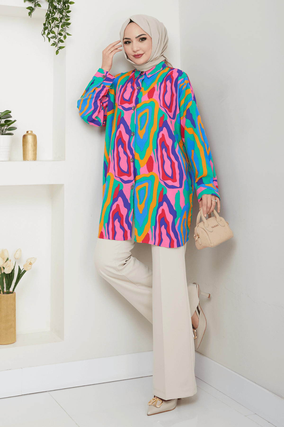Ebruli Desen Oversize  Kadın Gömlek