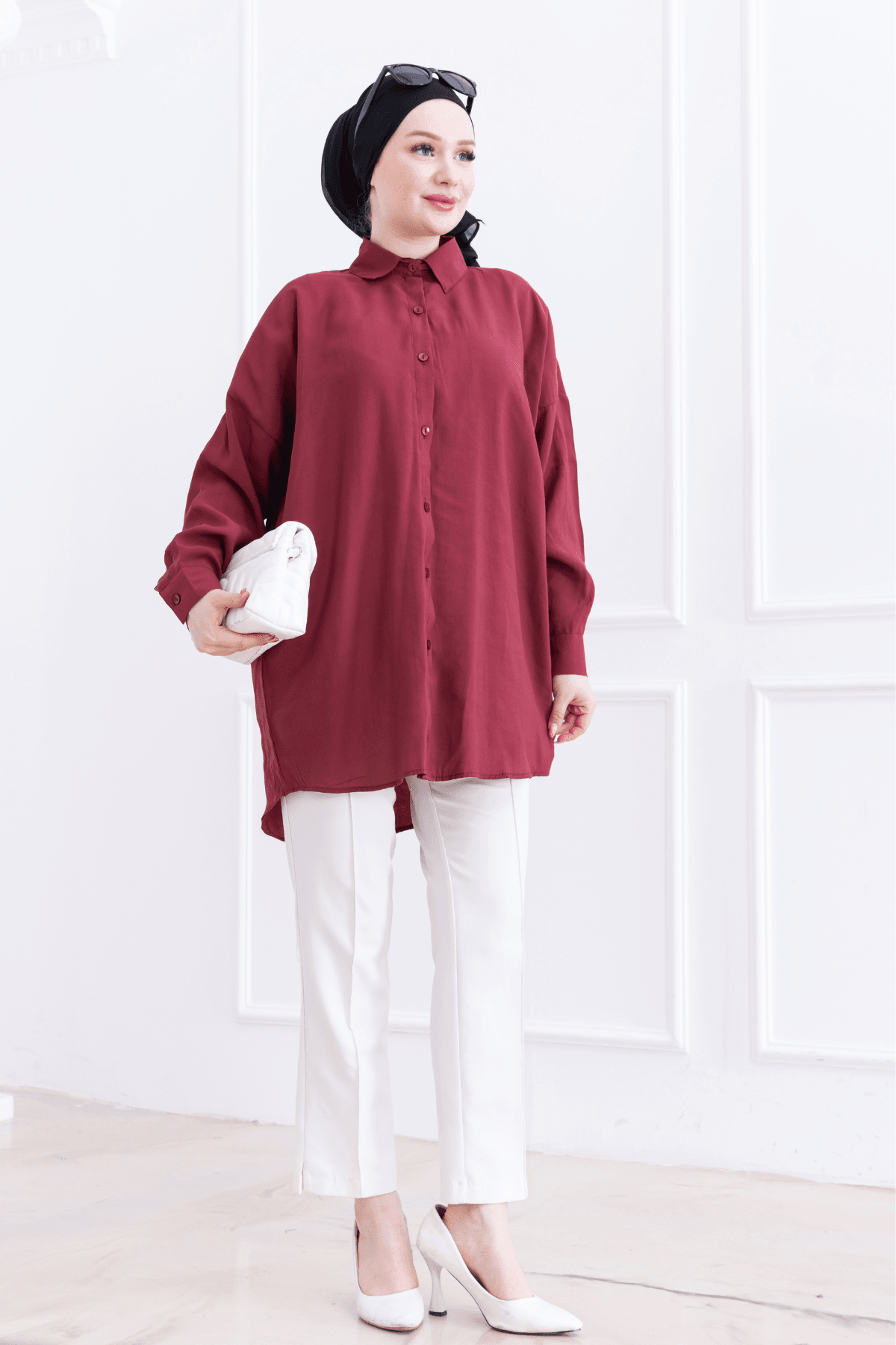 Oversize Modal Kumaş Bordo Gömlek