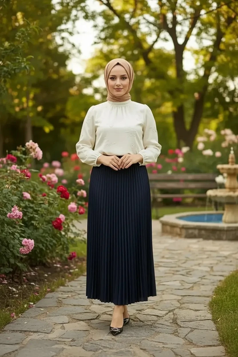 Piliseli Beli Lastikli Premium Etek - Lacivert