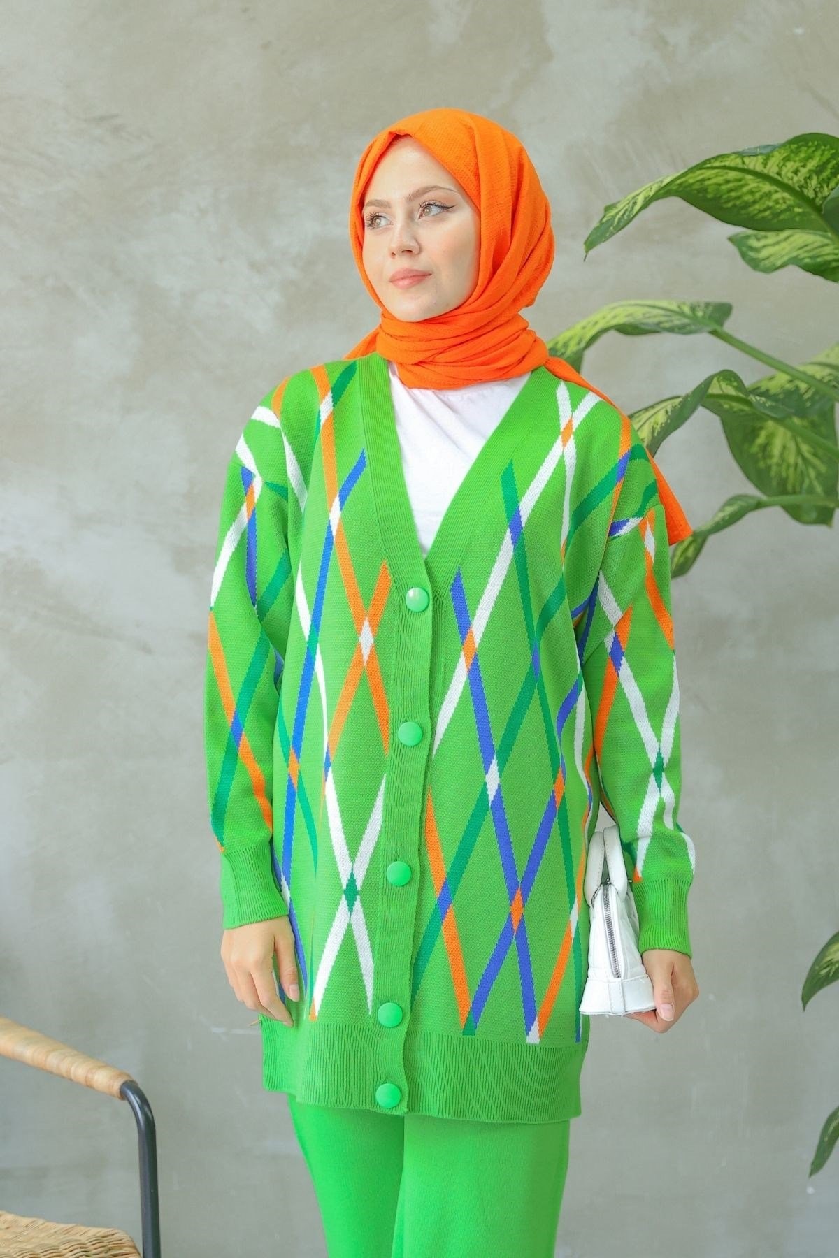 Renkli Baklava Desenli  Kadın Triko İkili Takım