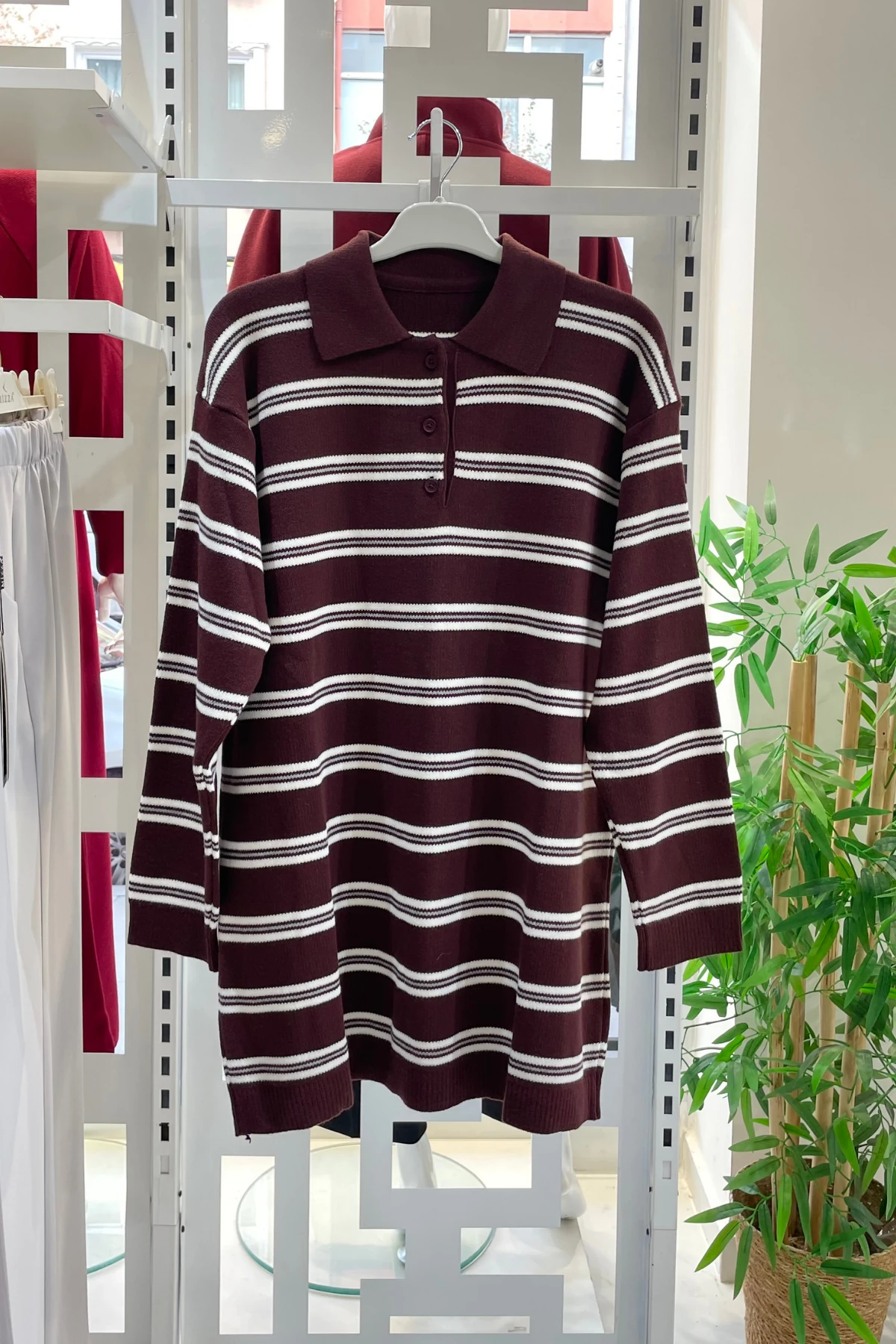 Polo Yaka Çizgili Triko Kazak - Bordo