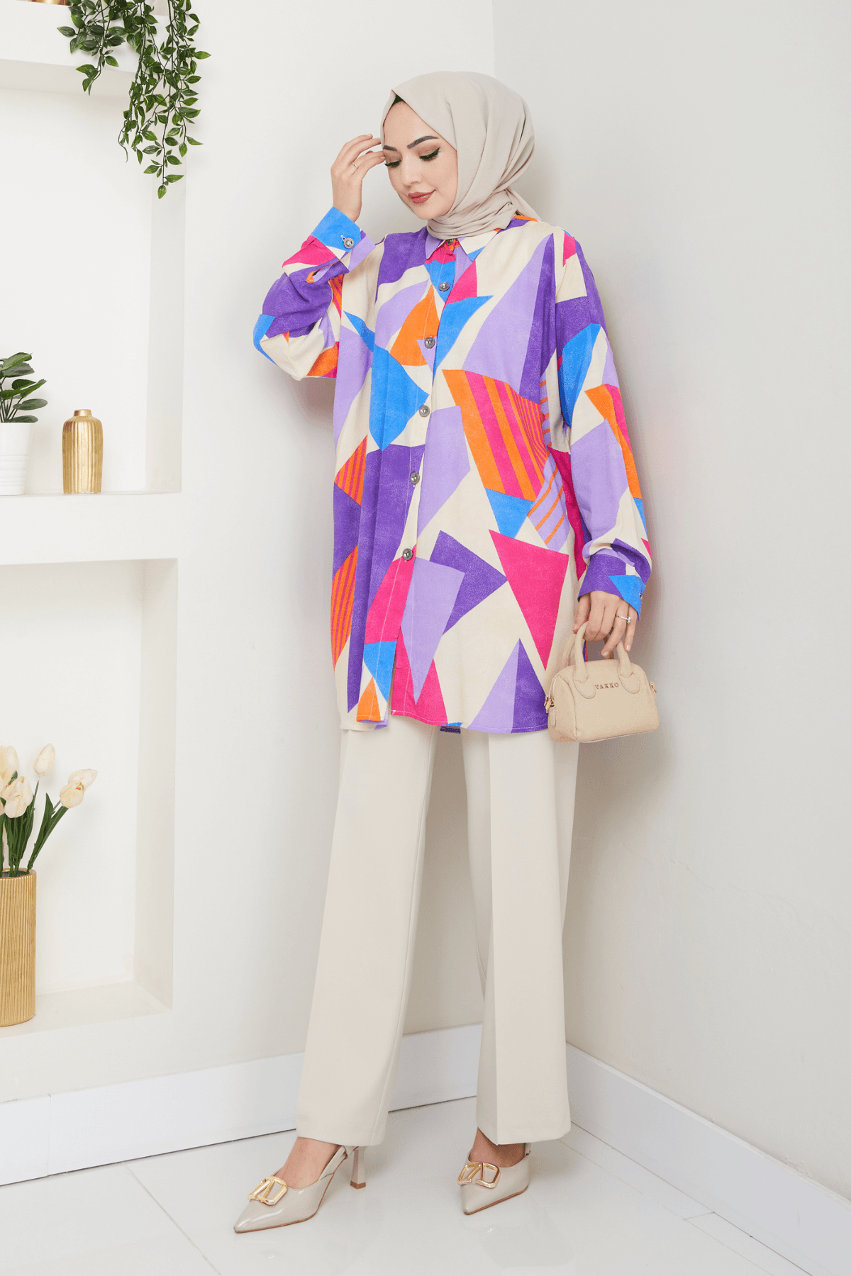 Oversize Geometrik Desenli  Kadın Gömlek