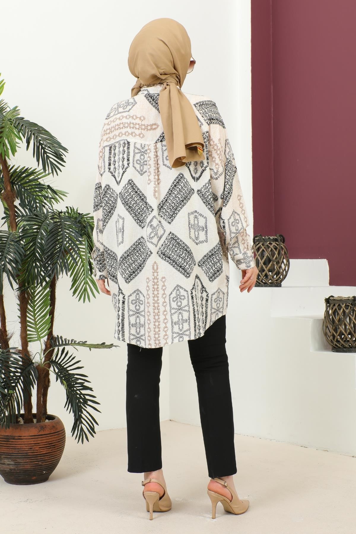 Oversize Otantik Kilim Desenli  Kadın Gömlek