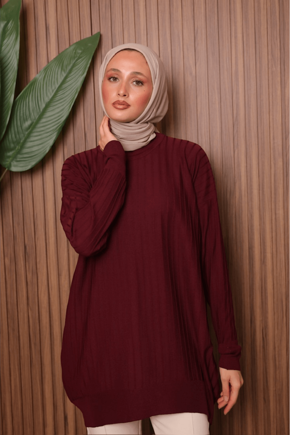 Soğuk İplik Çizgili Tunik - Bordo