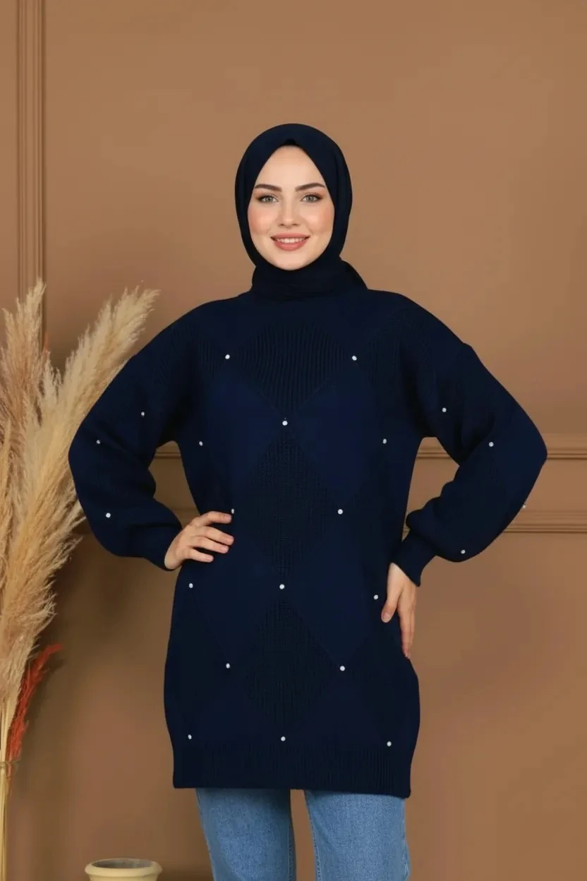 Baklava Desen Taş Detaylı Triko Tunik - Lacivert