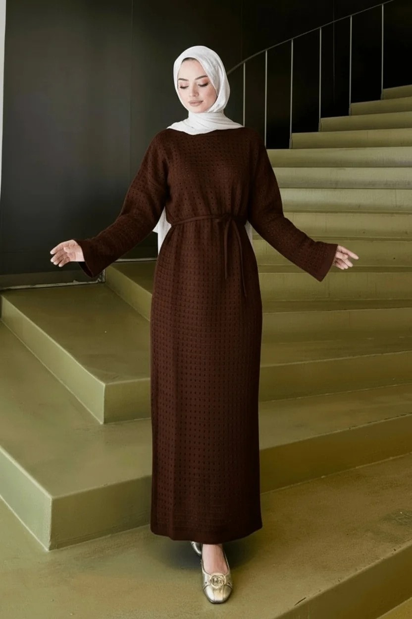 Ajurlu Triko Elbise - Kahve