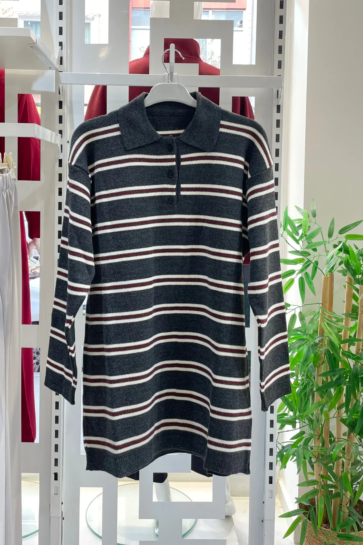 Polo Yaka Çizgili Triko Kazak - Gri