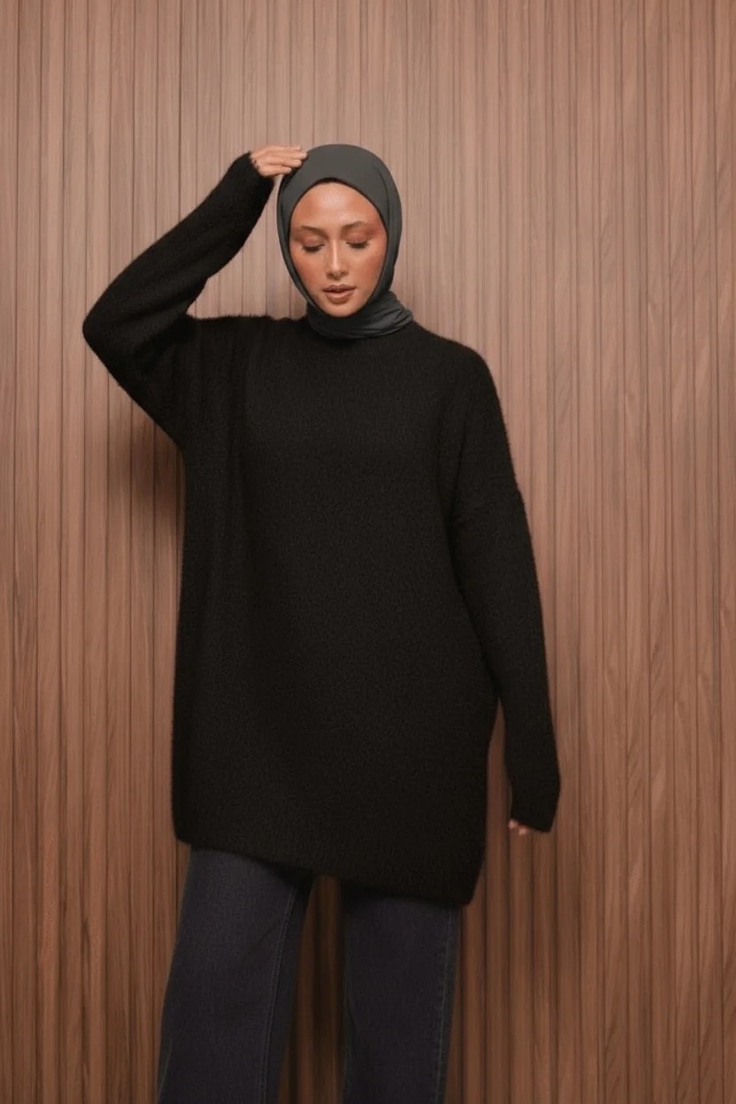 Bisiklet Yaka Angora Tunik - Siyah