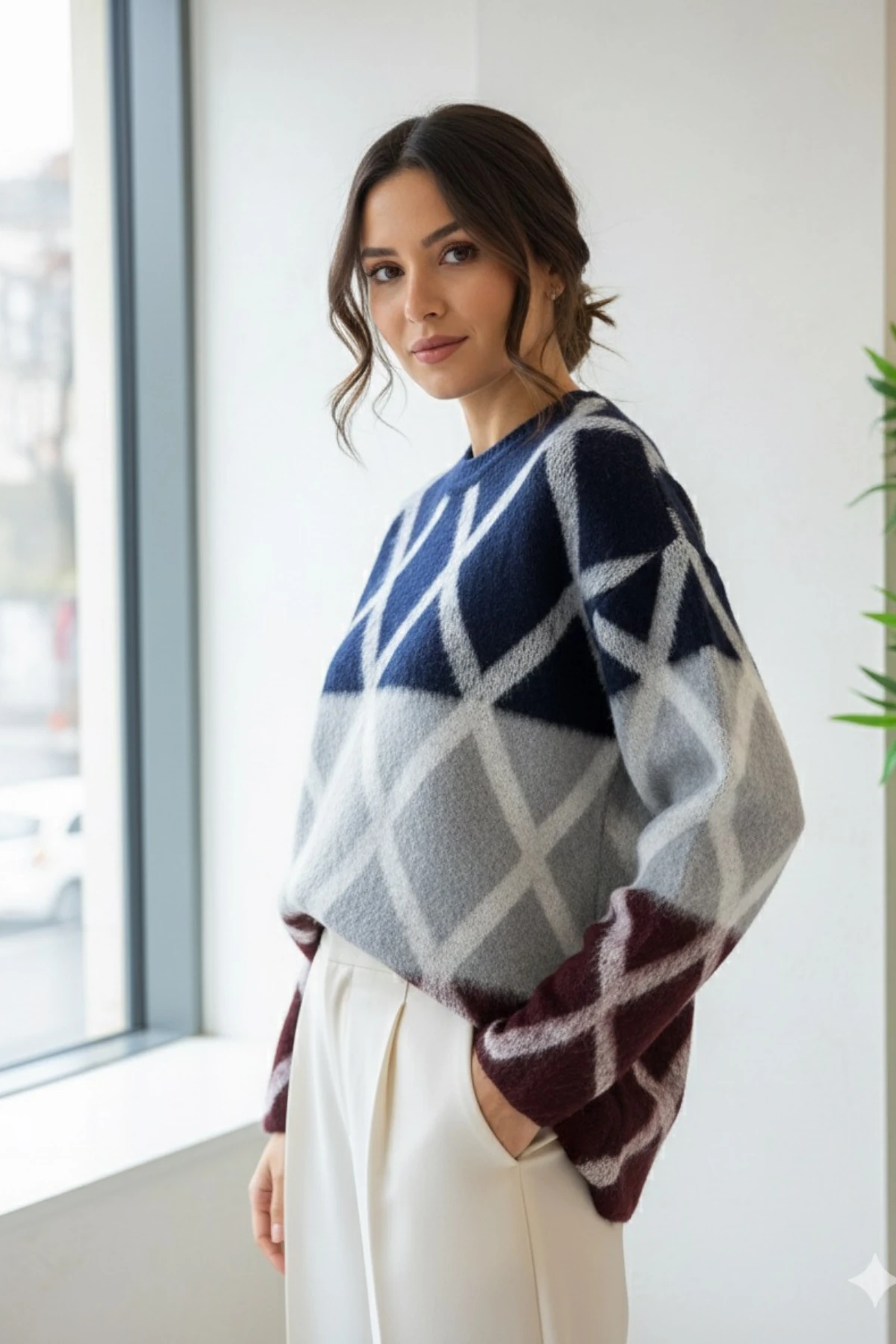 Baklava Desen Renk Geçişli Yumoş Kazak - Lacivert