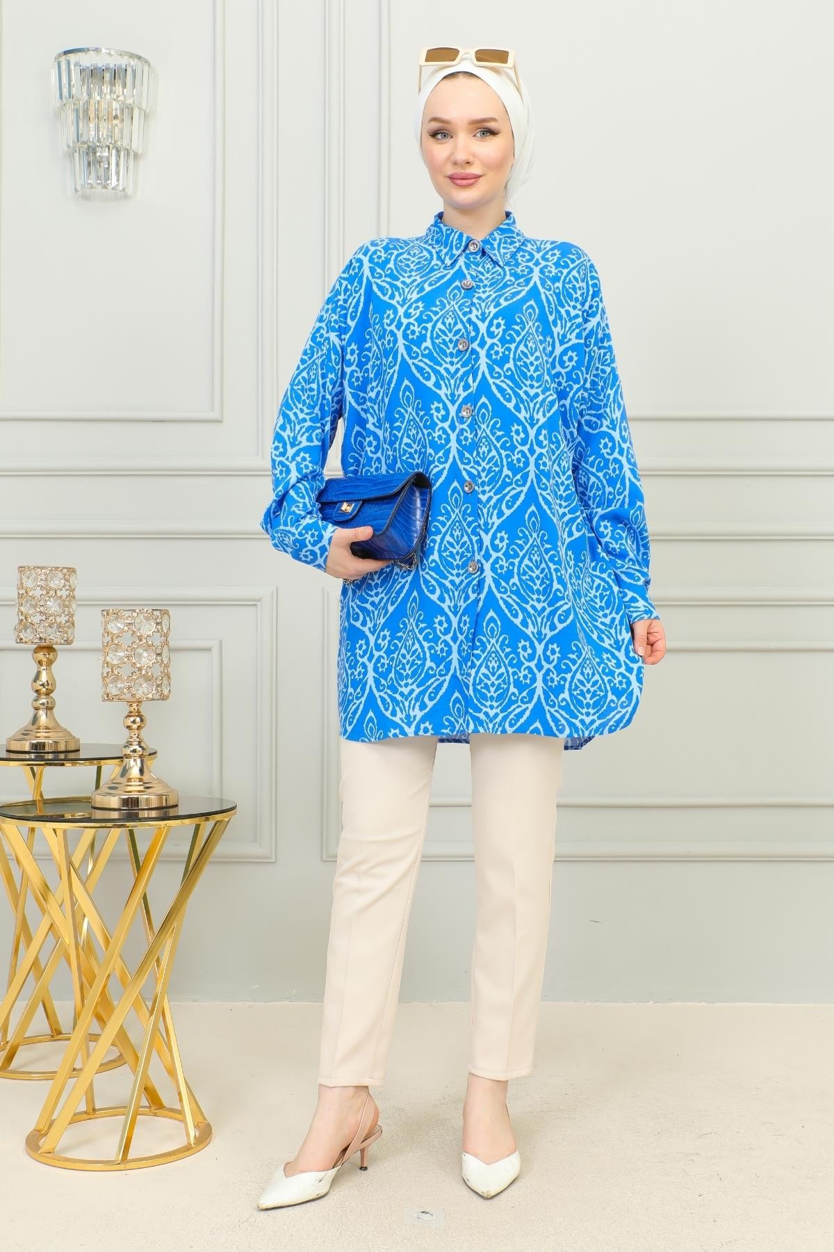 Oversize Damask Desenli  Kadın Gömlek