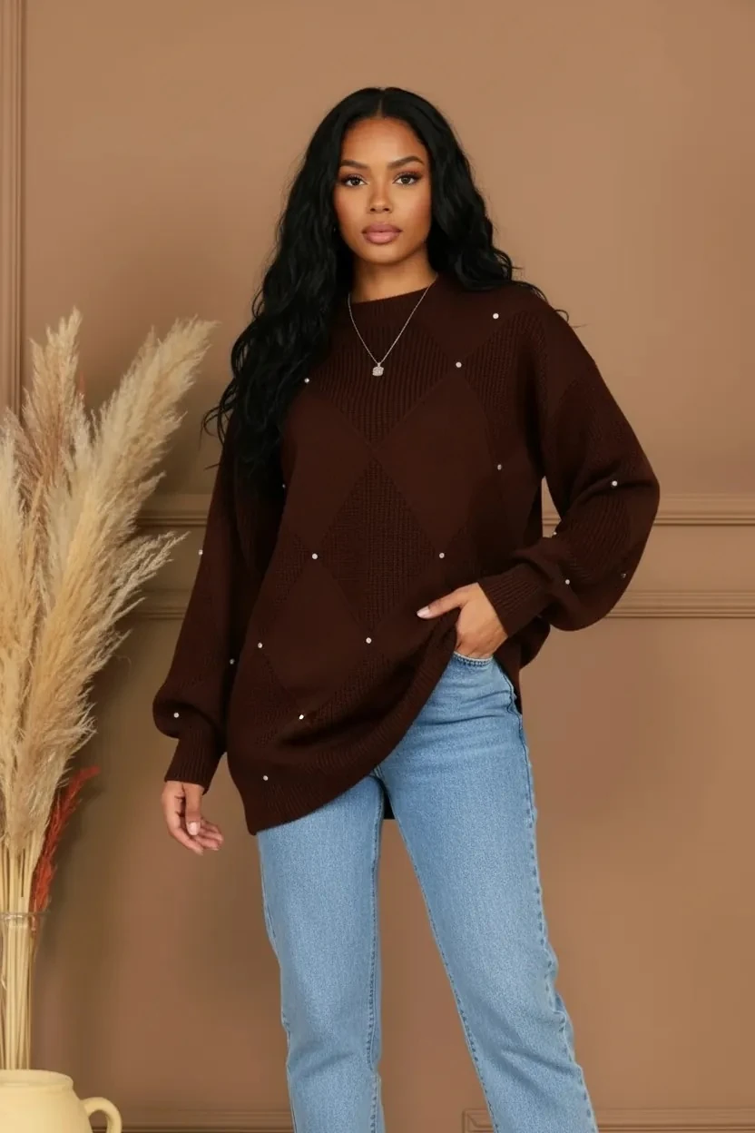 Baklava Desen Taş Detaylı Triko Tunik - Acı Kahve