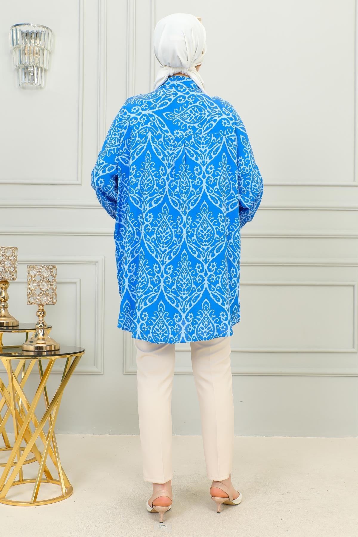 Oversize Damask Desenli  Kadın Gömlek