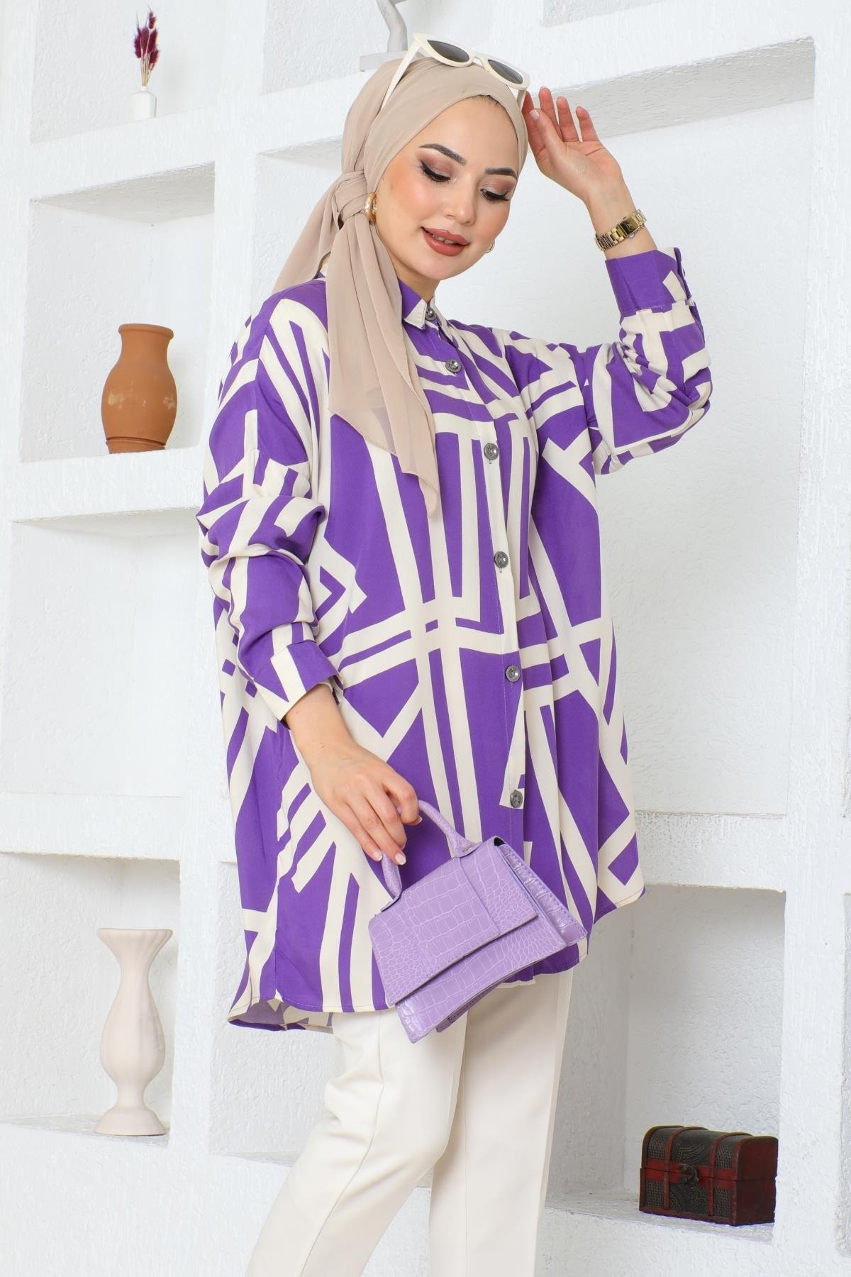 Oversize Şerit Desenli  Kadın Gömlek