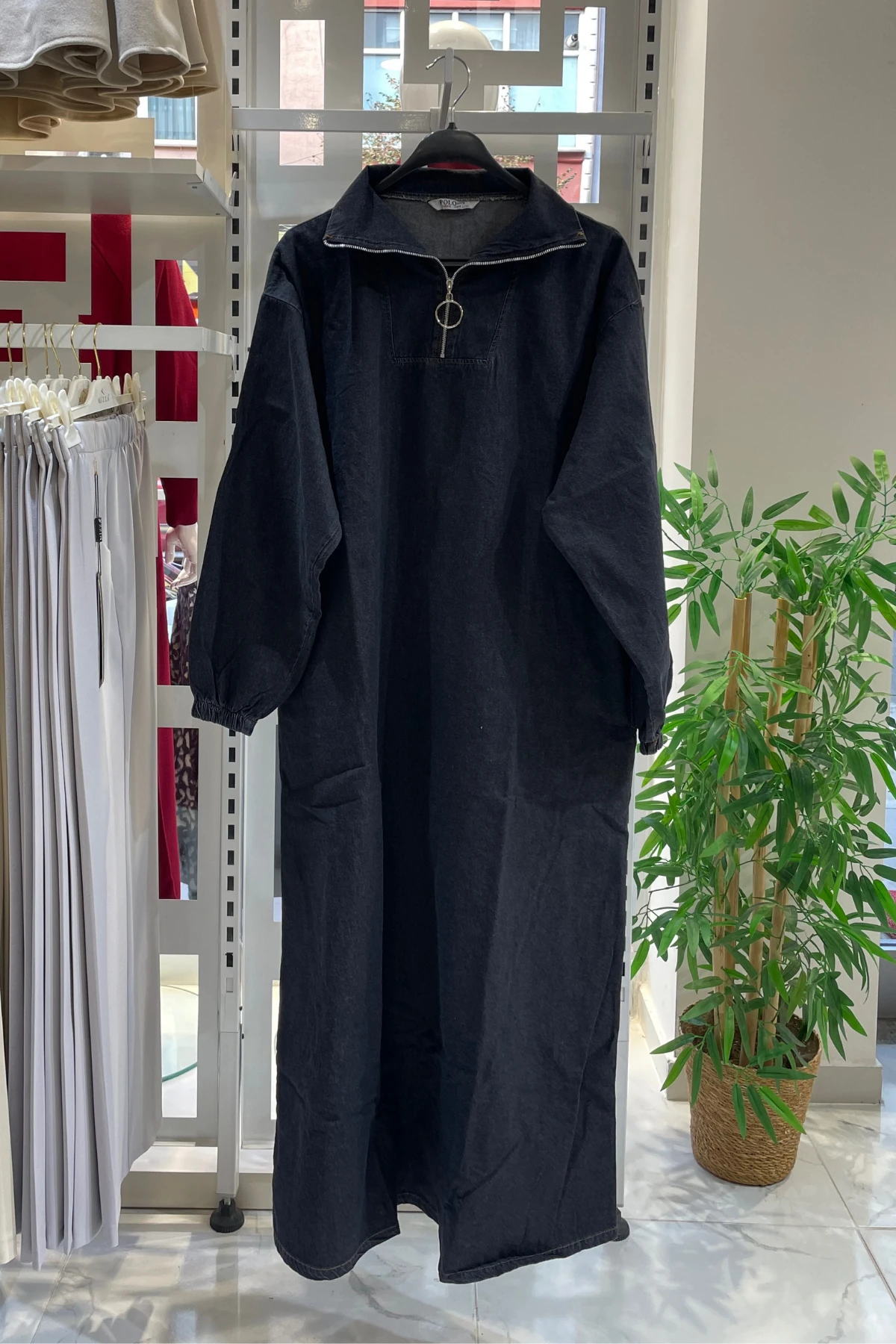 Fermuarlı Kot Elbise - Koyu Gri