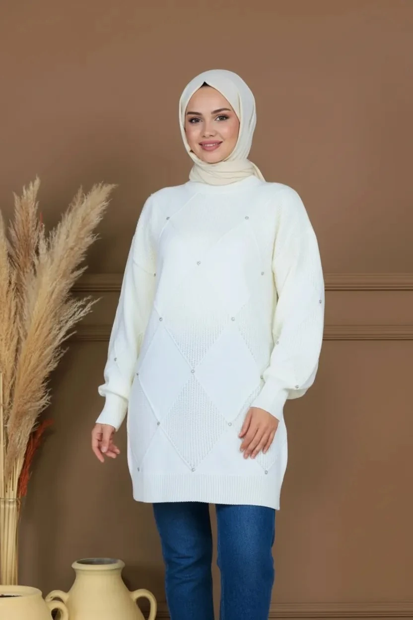 Baklava Desen Taş Detaylı Triko Tunik - Ekru
