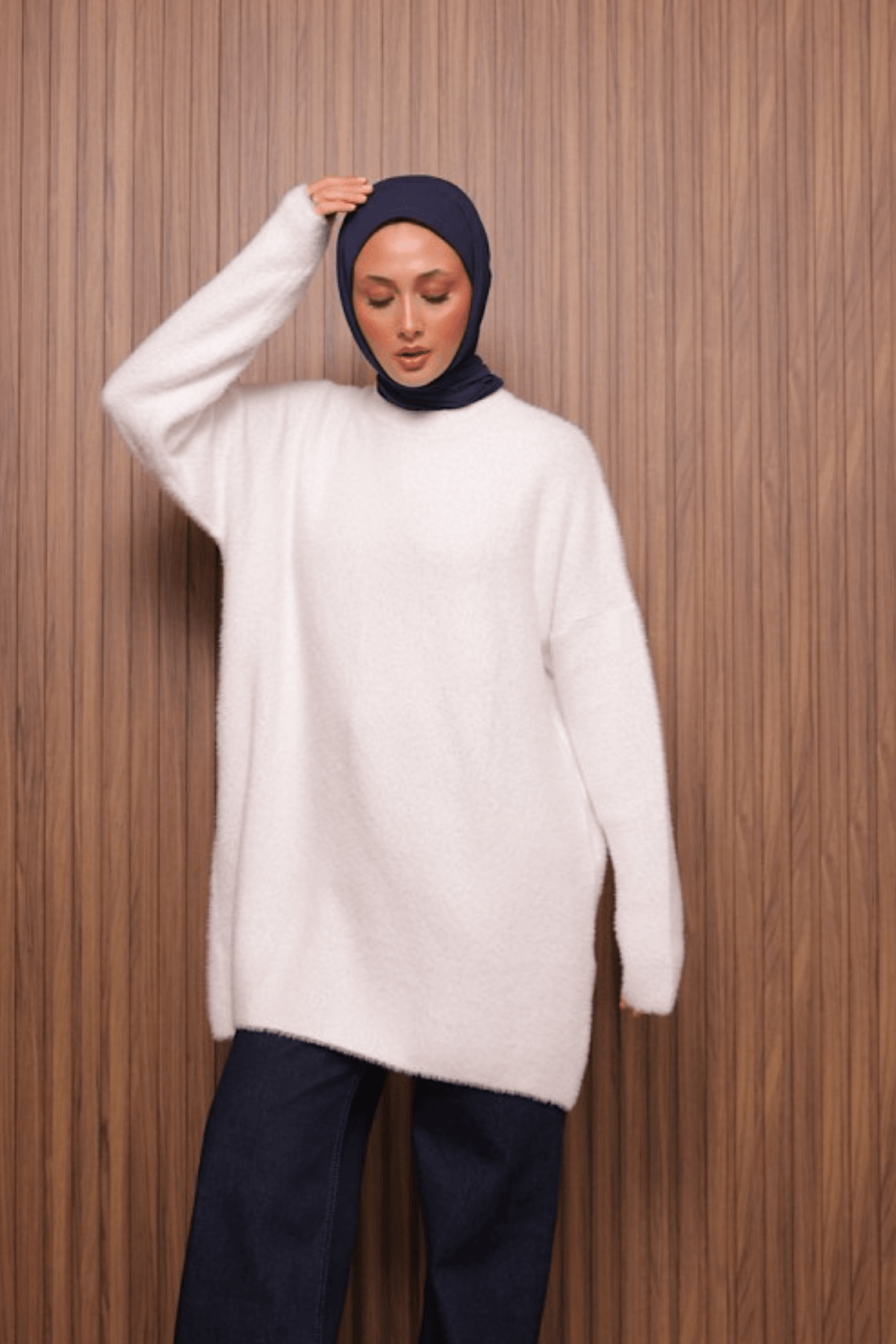 Bisiklet Yaka Angora Tunik - Beyaz