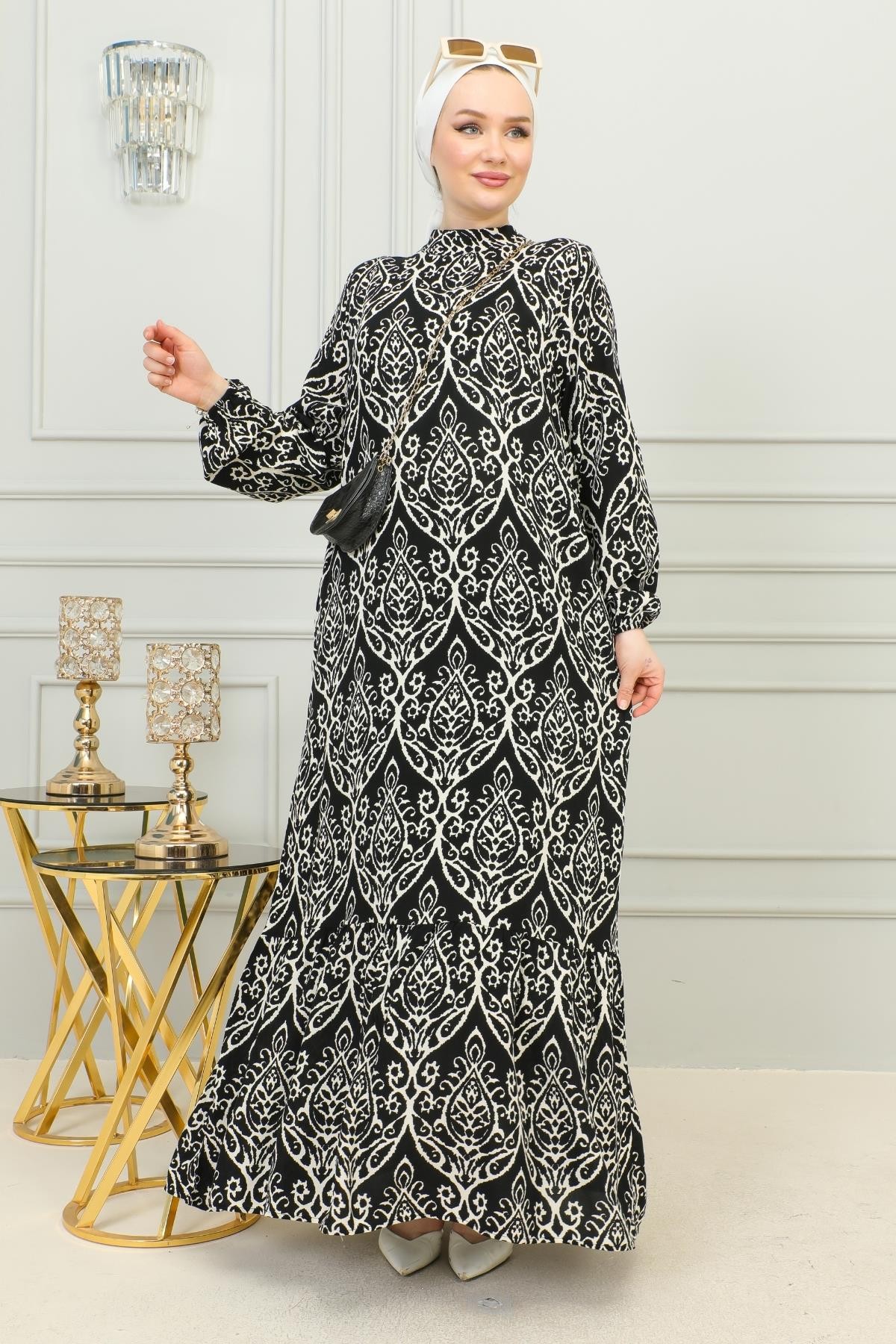 Hakim Yaka Damask Desenli Elbise