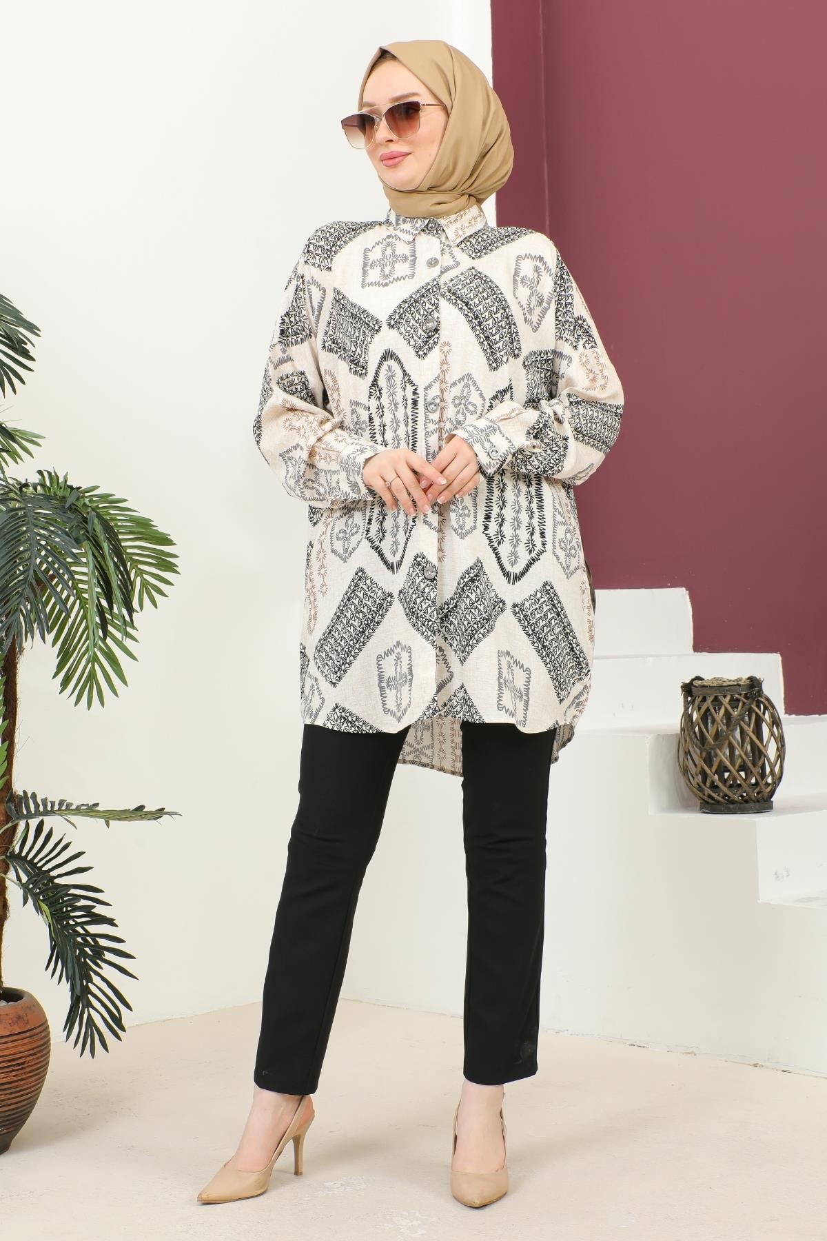 Oversize Otantik Kilim Desenli  Kadın Gömlek