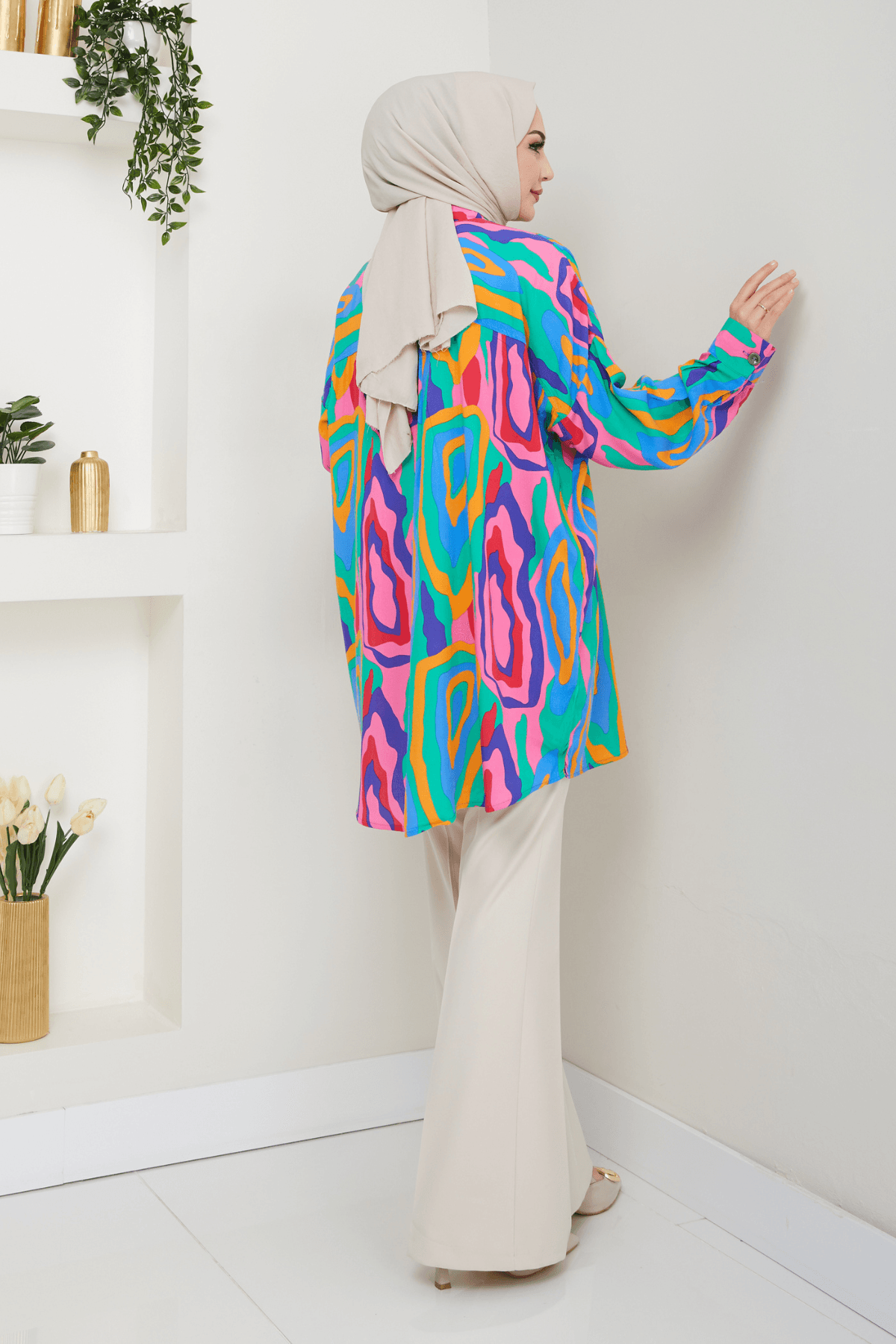 Ebruli Desen Oversize  Kadın Gömlek