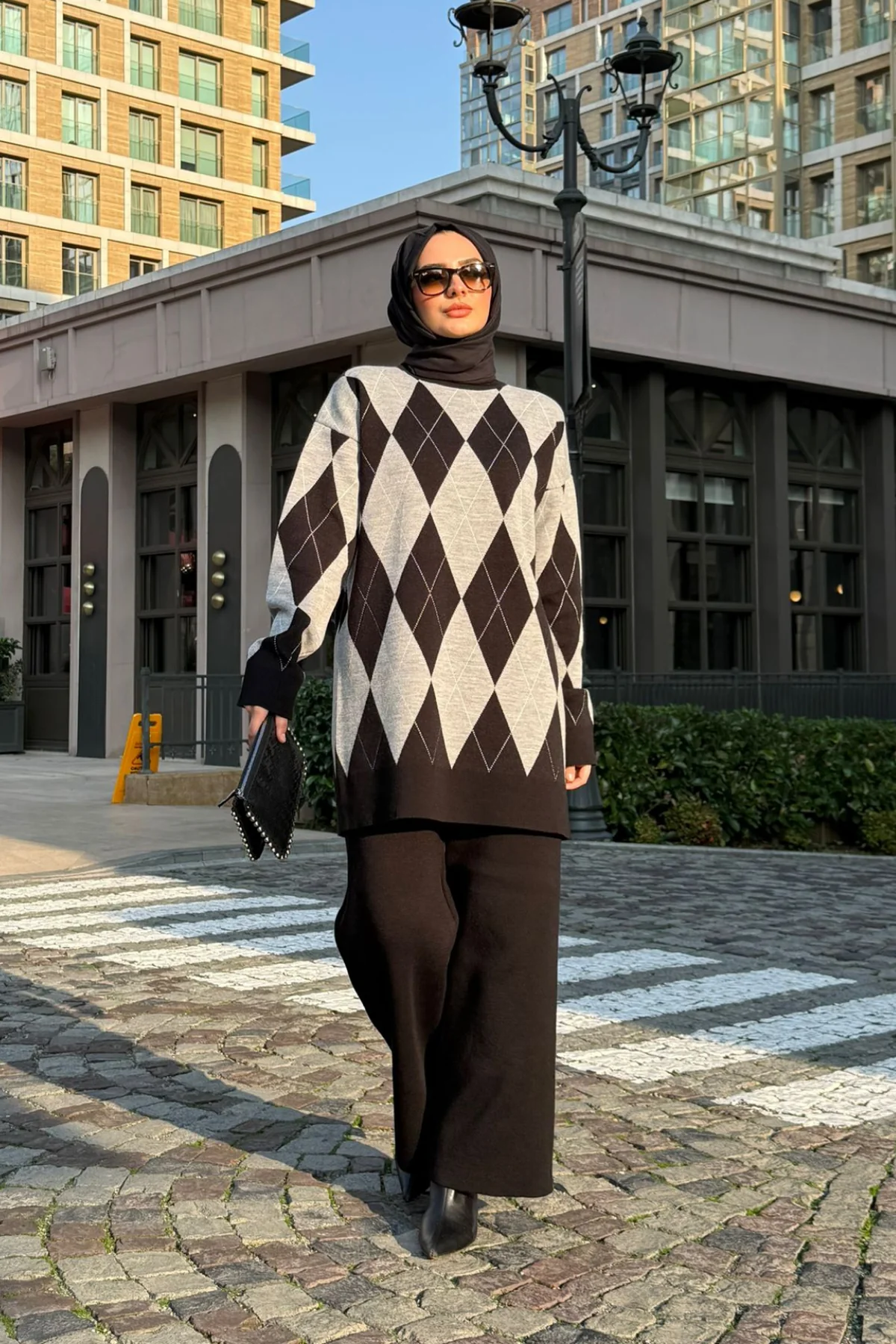 Baklava Desen Triko Takım - Siyah