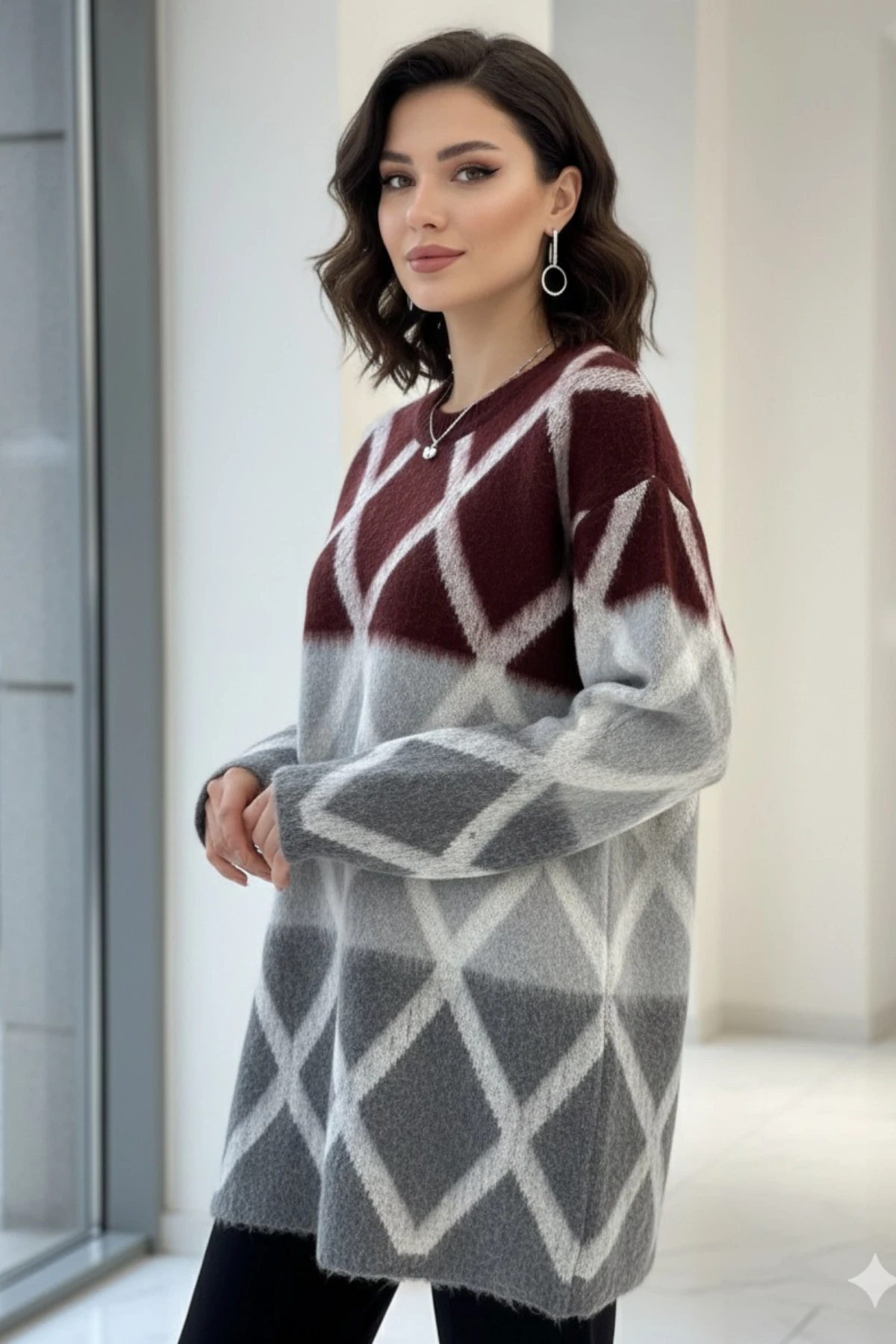 Baklava Desen Renk Geçişli Yumoş Kazak - Bordo