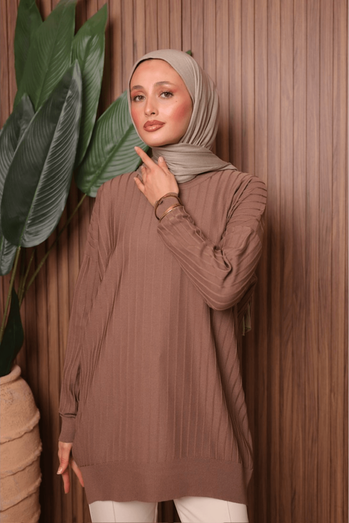 Soğuk İplik Çizgili Tunik - Vizon