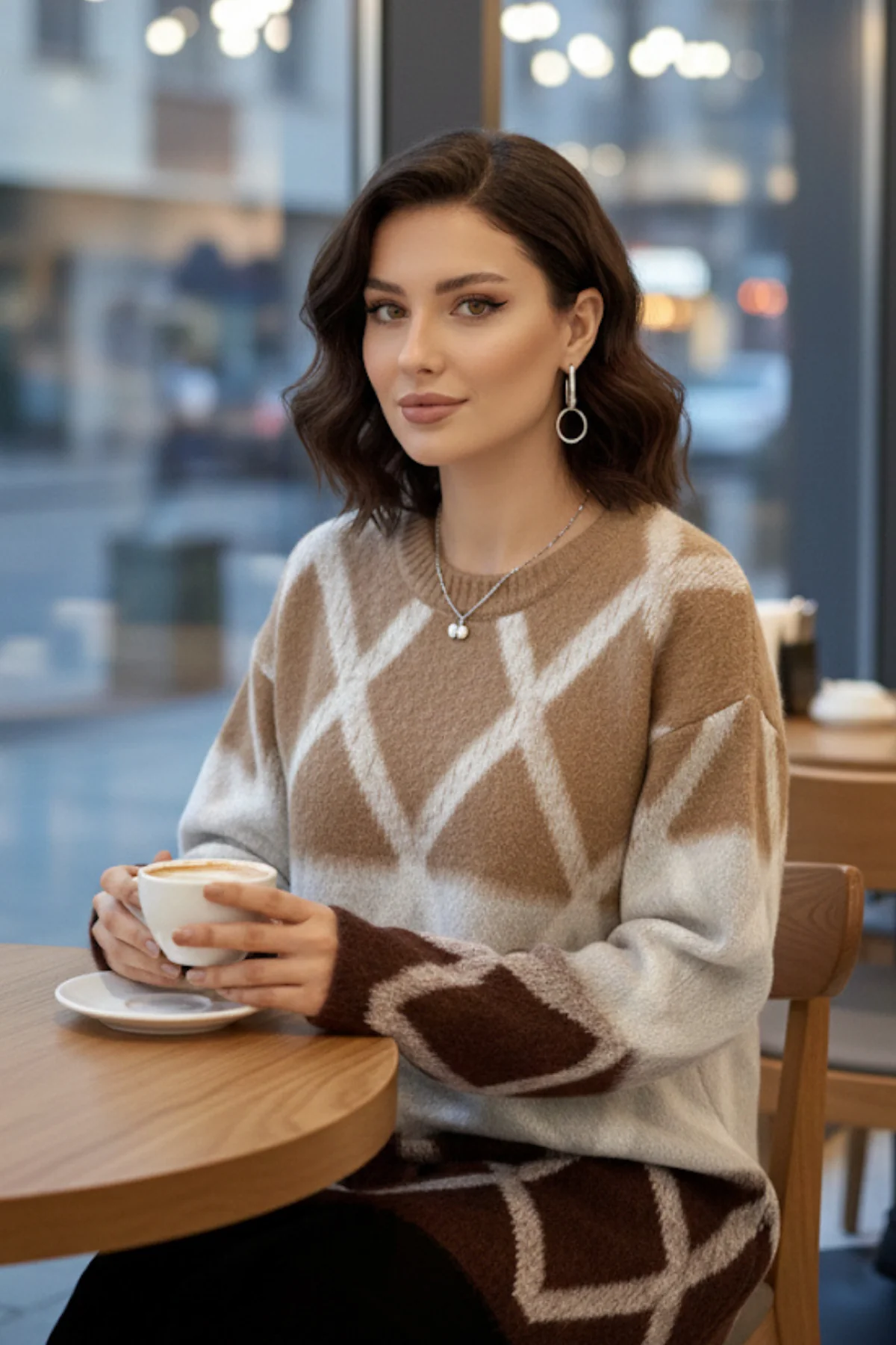 Baklava Desen Renk Geçişli Yumoş Kazak - Camel