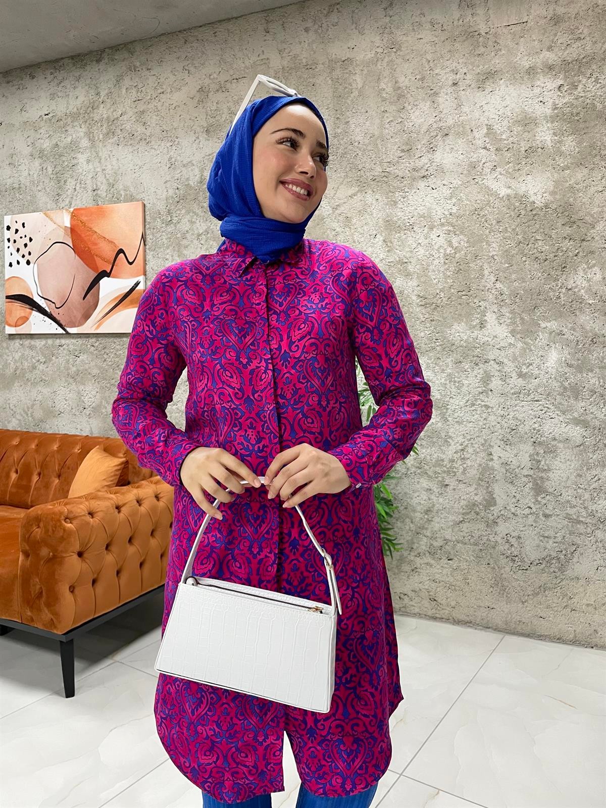 Klasik Kesim Barok Desen  Mavi Kadın Gömlek Tunik