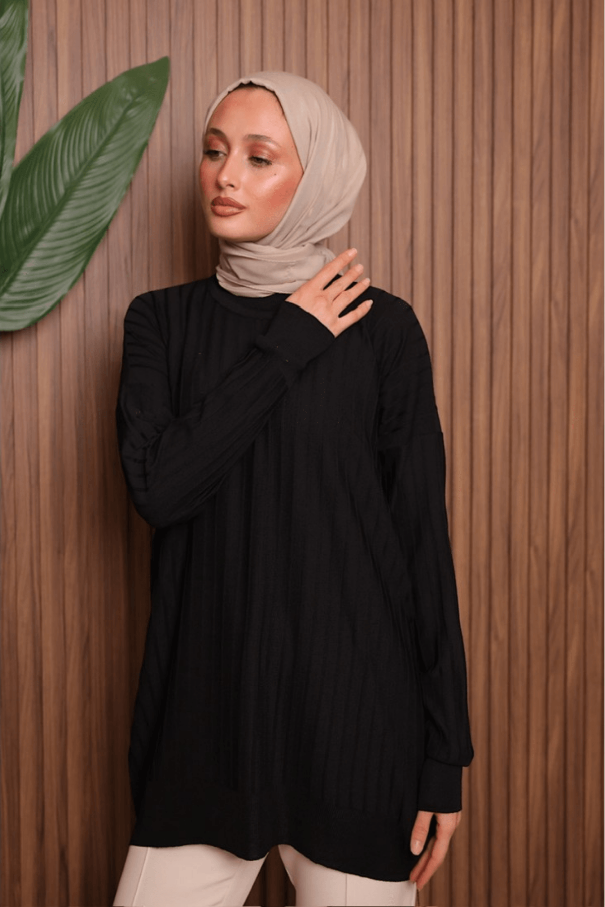 Soğuk İplik Çizgili Tunik - Siyah