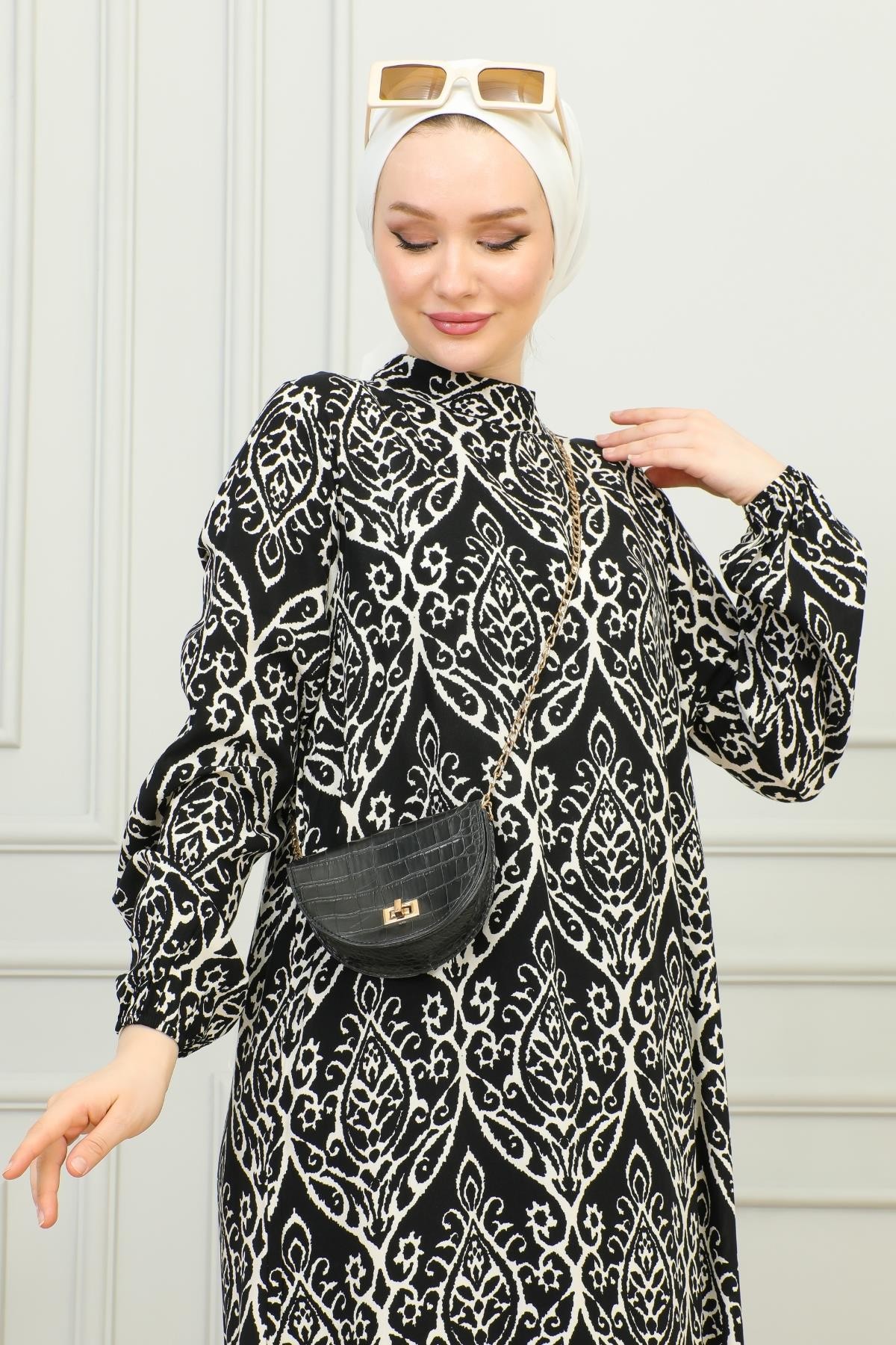Hakim Yaka Damask Desenli Elbise