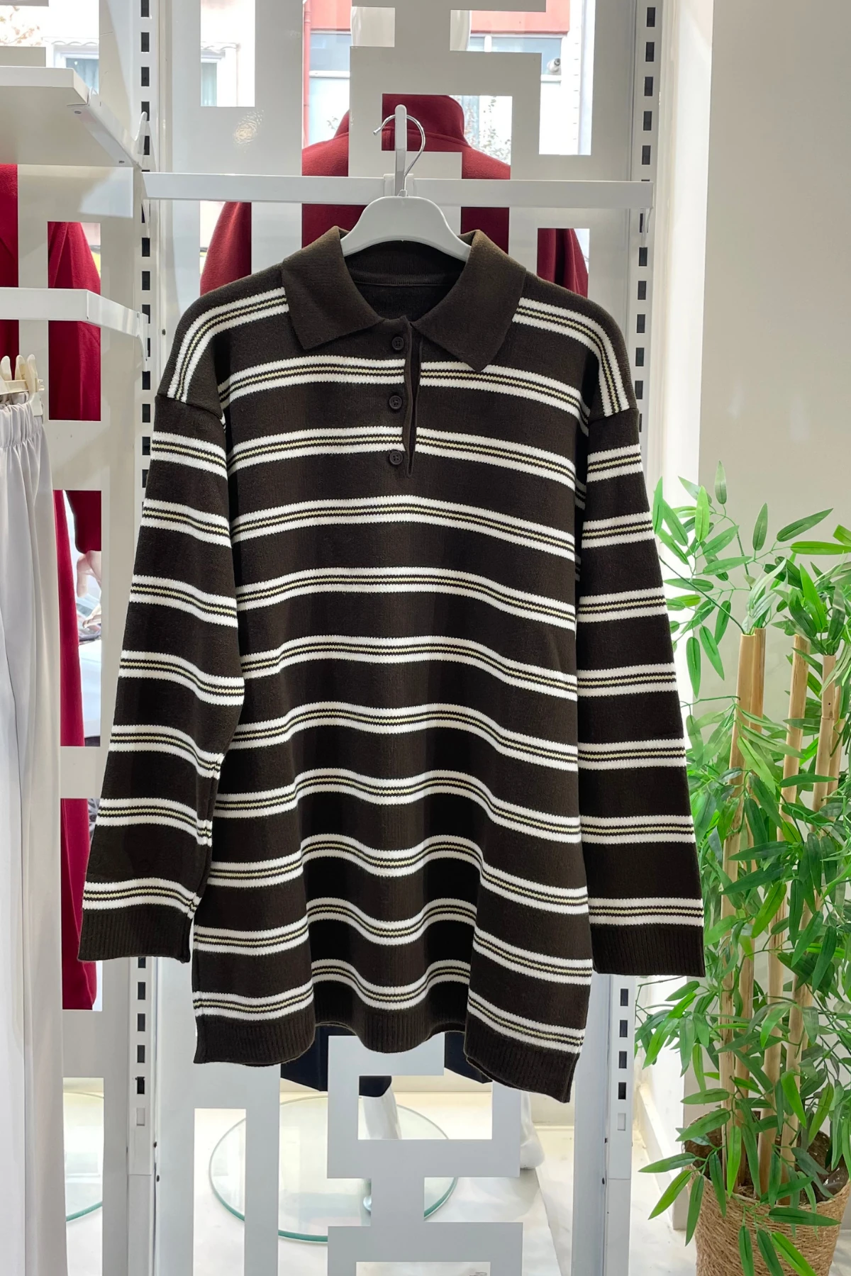 Polo Yaka Çizgili Triko Kazak - Acı Kahve