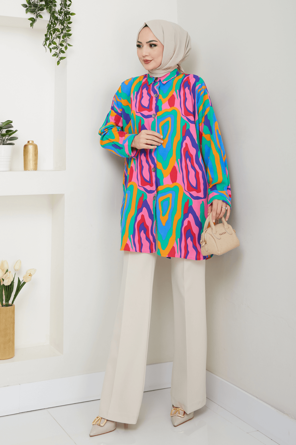 Ebruli Desen Oversize  Kadın Gömlek