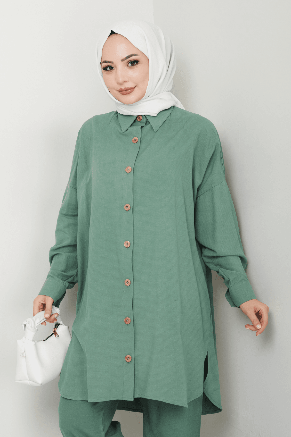 Oversize Keten Tunik - Su Yeşili