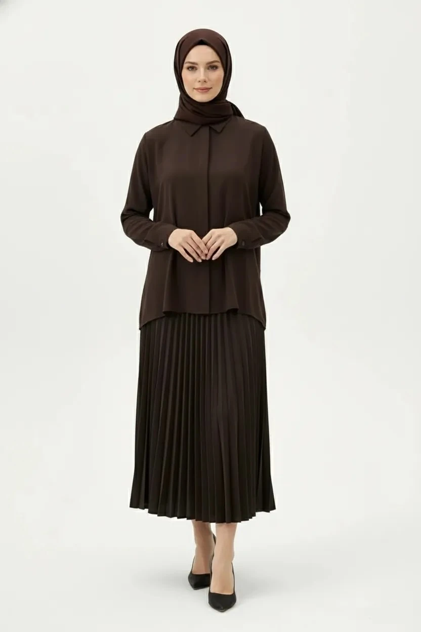 Piliseli Beli Lastikli Premium Etek - Acı Kahve