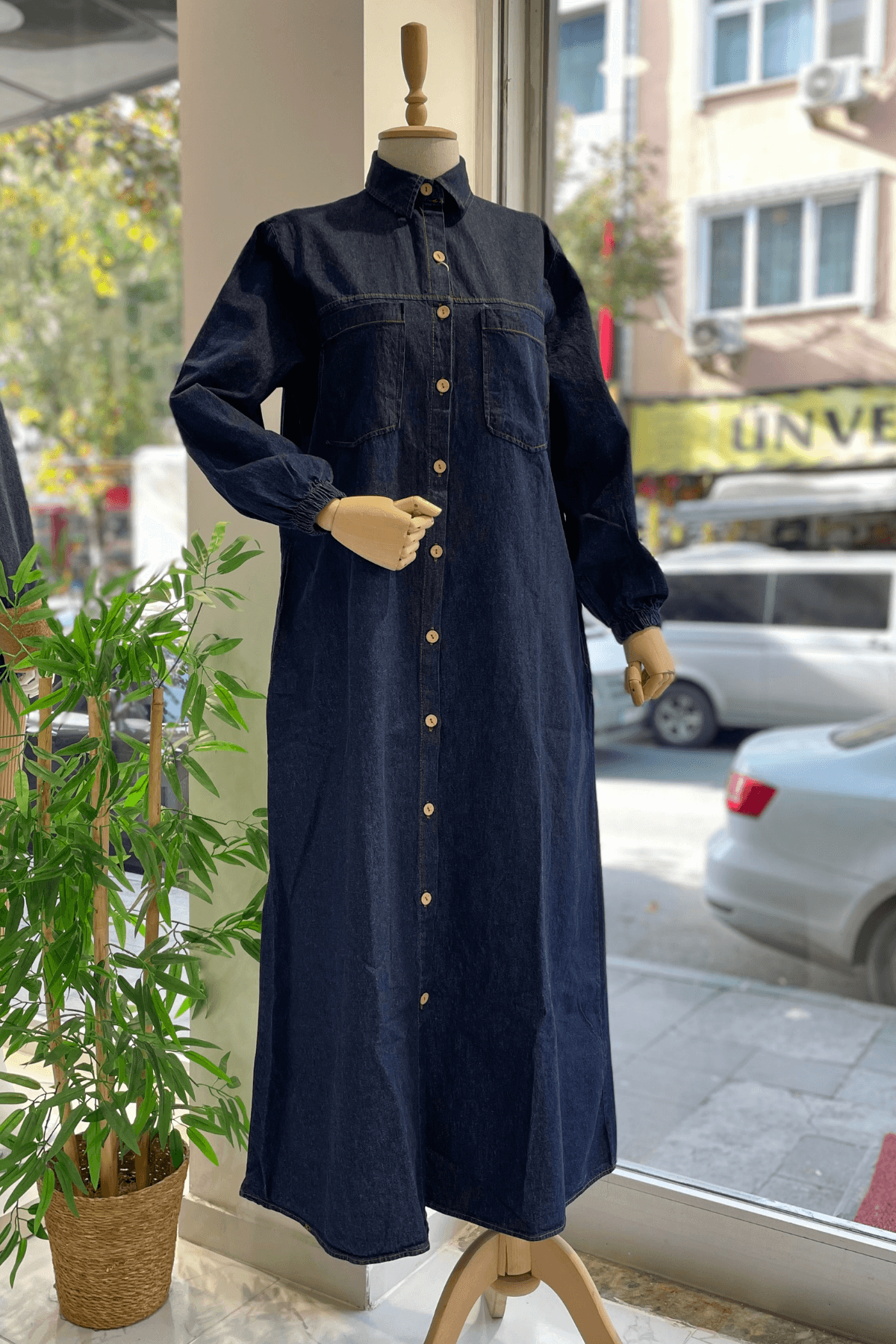 Düğmeli Kot Elbise Cepli - Lacivert