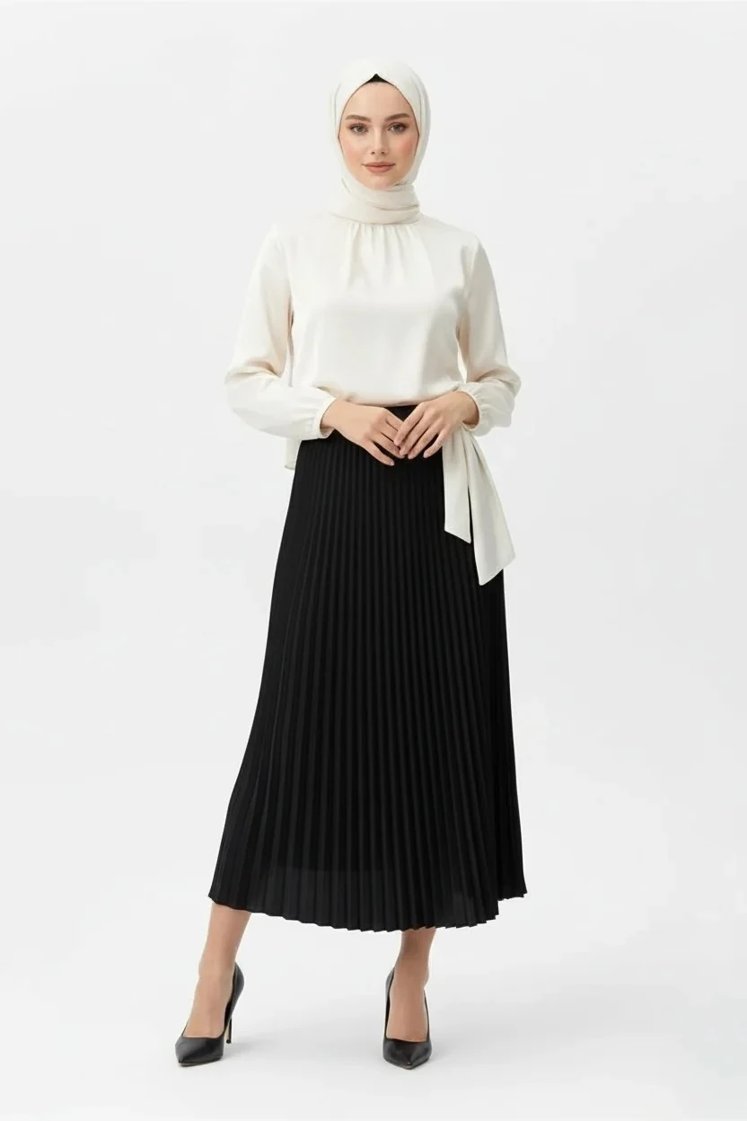 Piliseli Beli Lastikli Premium Etek - Siyah